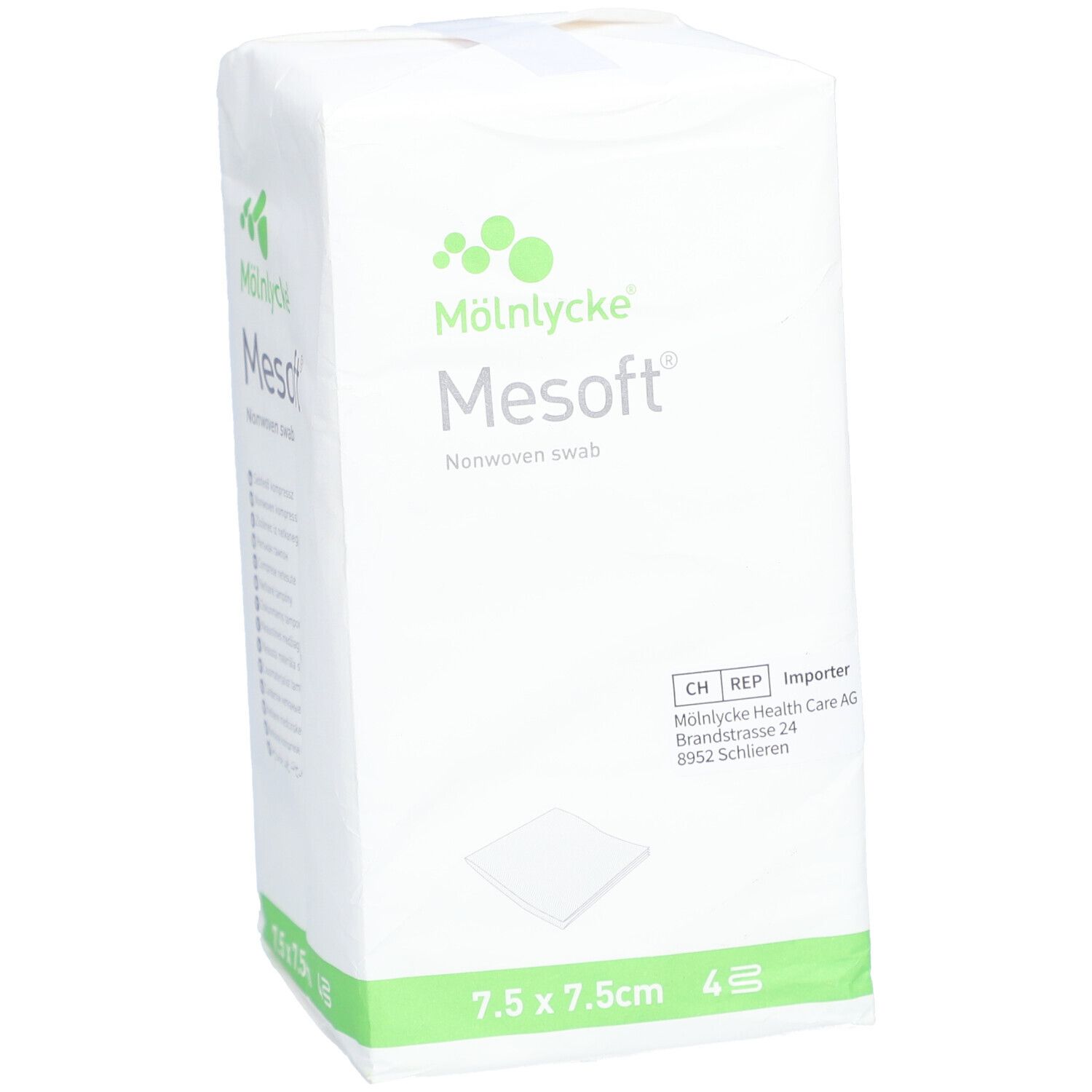 Mesoft Vliesstoffkompressen, 7,5 x 7,5 cm, 4 Stück. Verpackung mit Produktnamen, Größe und Logo.