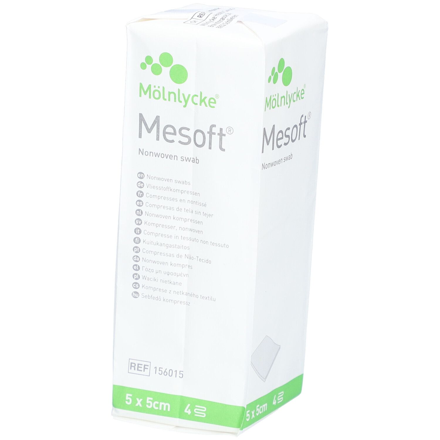 Verpackung von Mesoft Vliesstoffkompressen. Größe 5 x 5 cm. 4 Stück. Marke Mölnlycke. Mit Referenznummer.