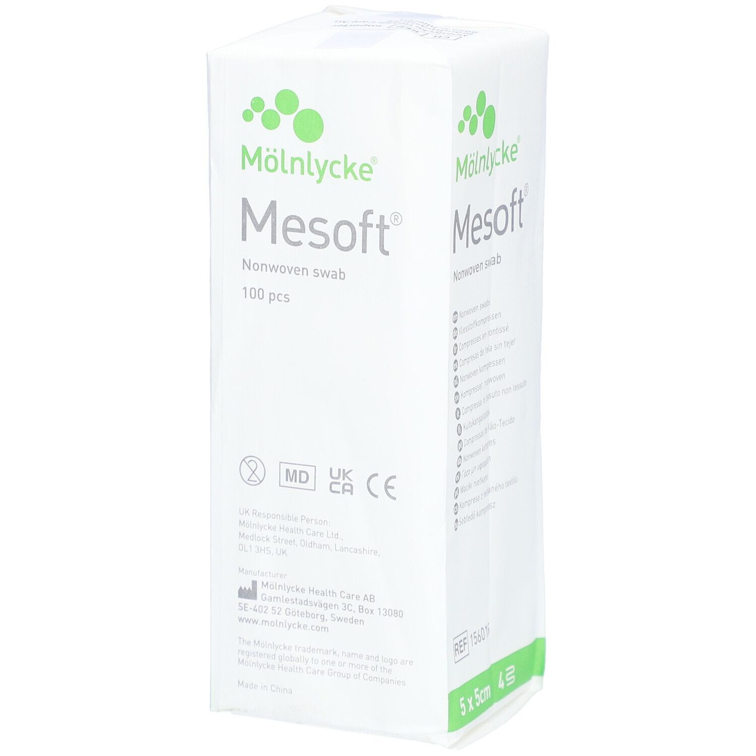Verpackung von Mesoft Vliesstoffkompressen. Größe 5 x 5 cm. 100 Stück. Marke Mölnlycke. Mit CE-Kennzeichnung.