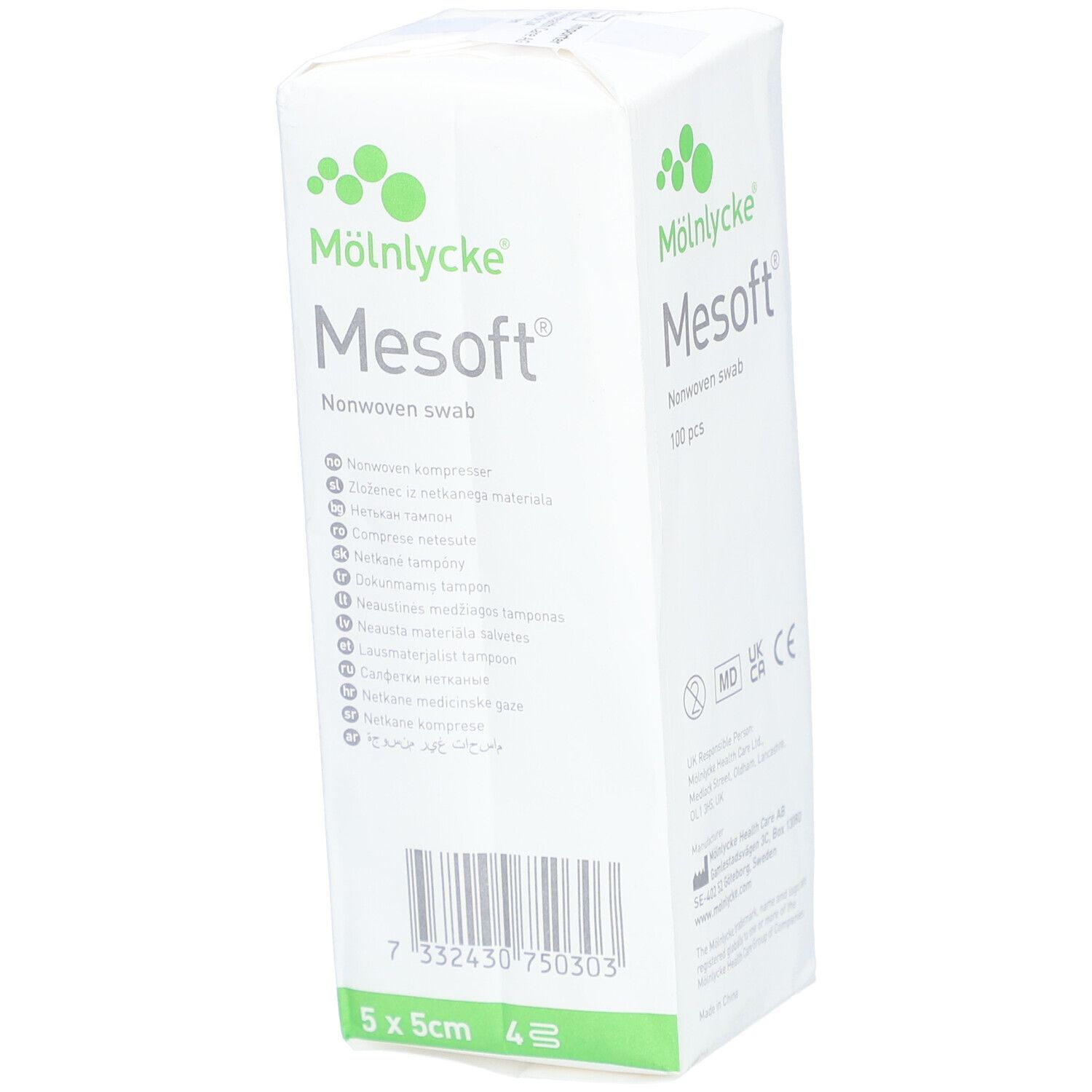 Verpackung von Mesoft Vliesstoffkompressen. Größe 5 x 5 cm. 4 Stück. Marke Mölnlycke. Mit Barcode.