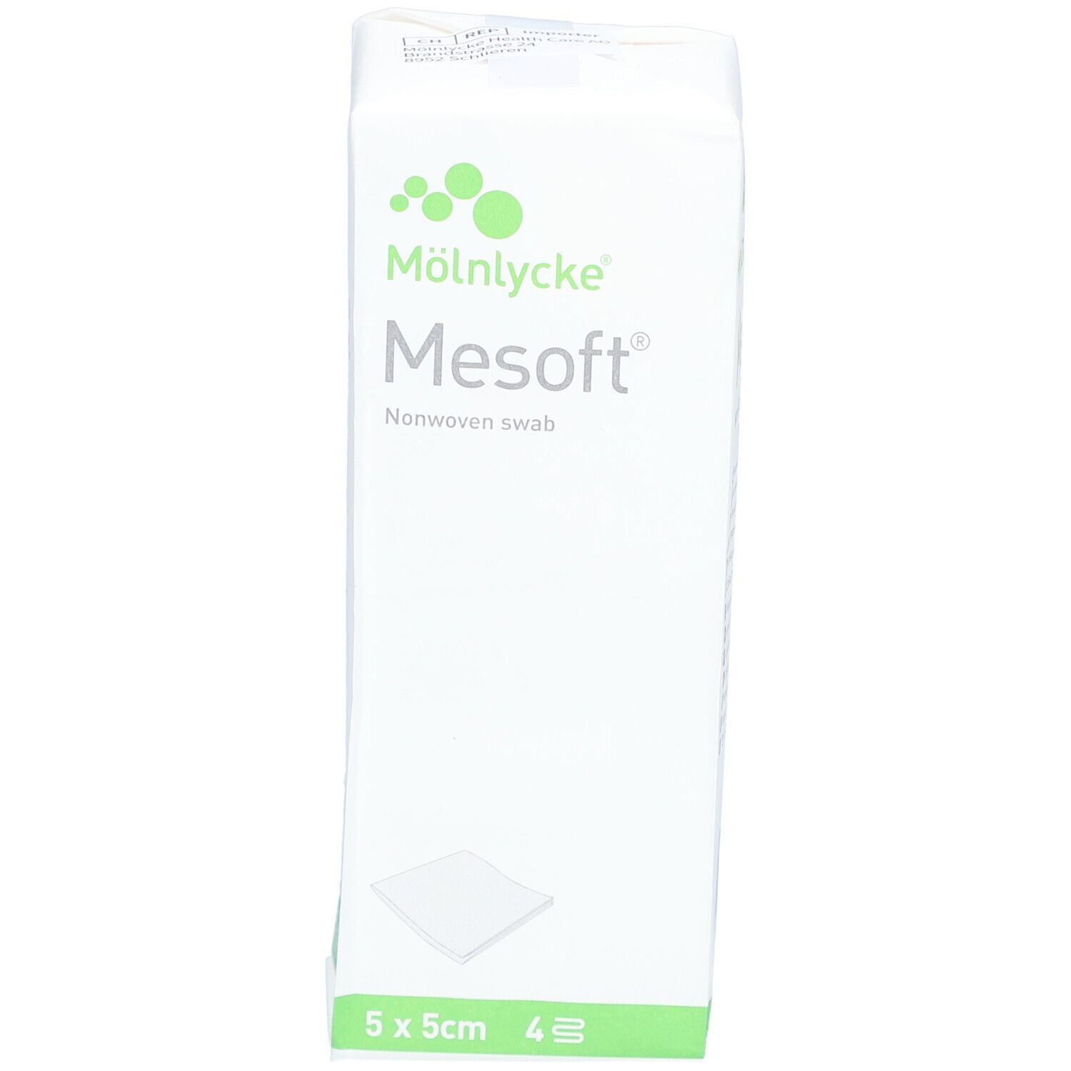 Verpackung von Mesoft Vliesstoffkompressen. Größe 5 x 5 cm. 4 Stück. Marke Mölnlycke.
