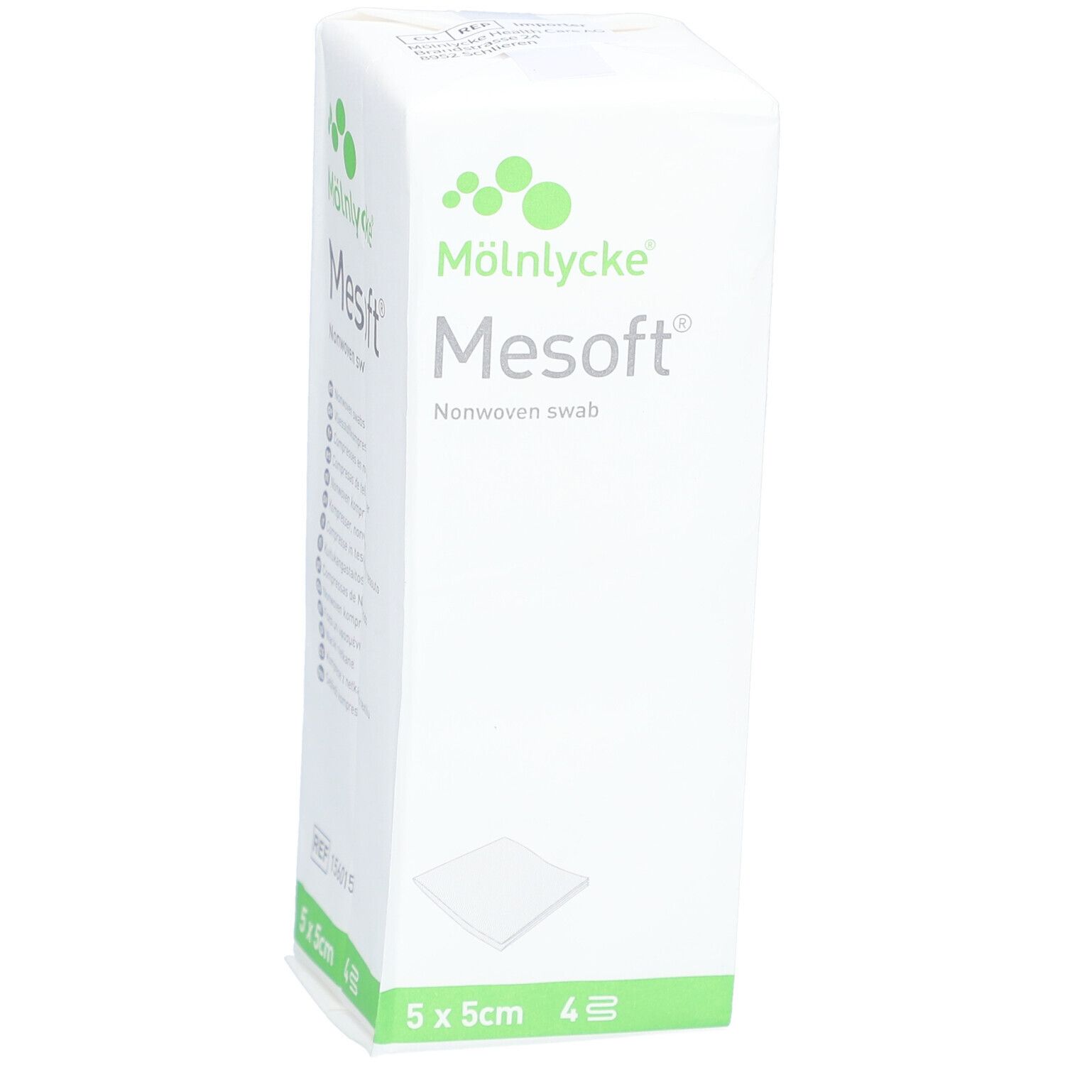 Verpackung von Mesoft Vliesstoffkompressen. Größe 5 x 5 cm. 4 Stück. Marke Mölnlycke.