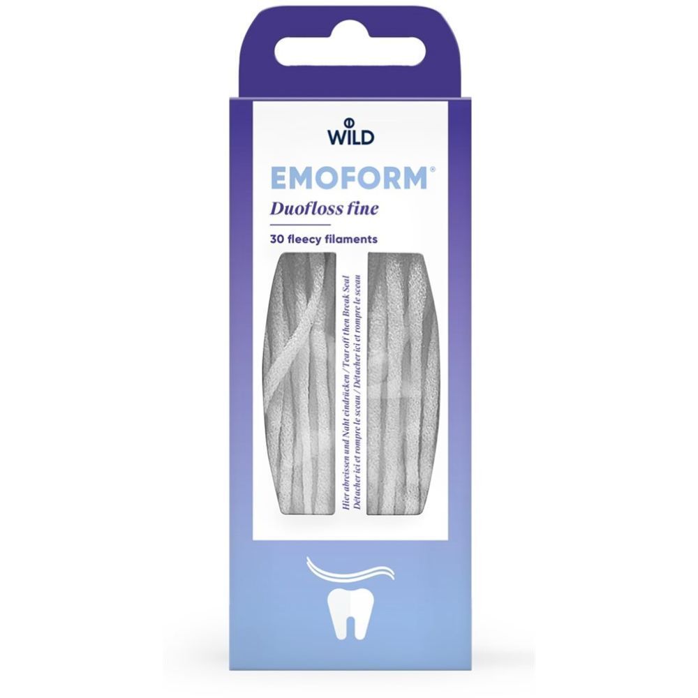 Verpackung mit Produktnamen und 30 feinen Zahnseiden. Sichtfenster zeigt das Produkt.