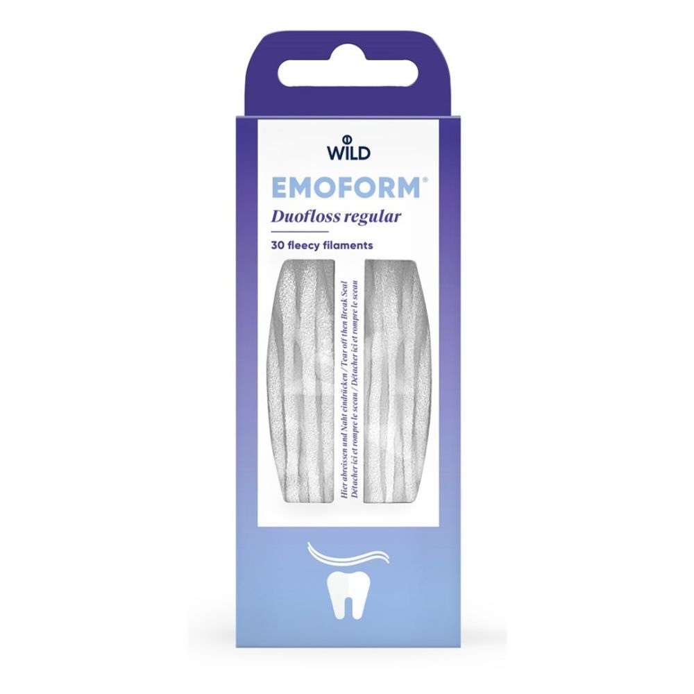 Verpackung von EMOFORM Duofloss regular. Enthält 30 Vliesfilamente. Logo und Produktbezeichnung deutlich sichtbar.