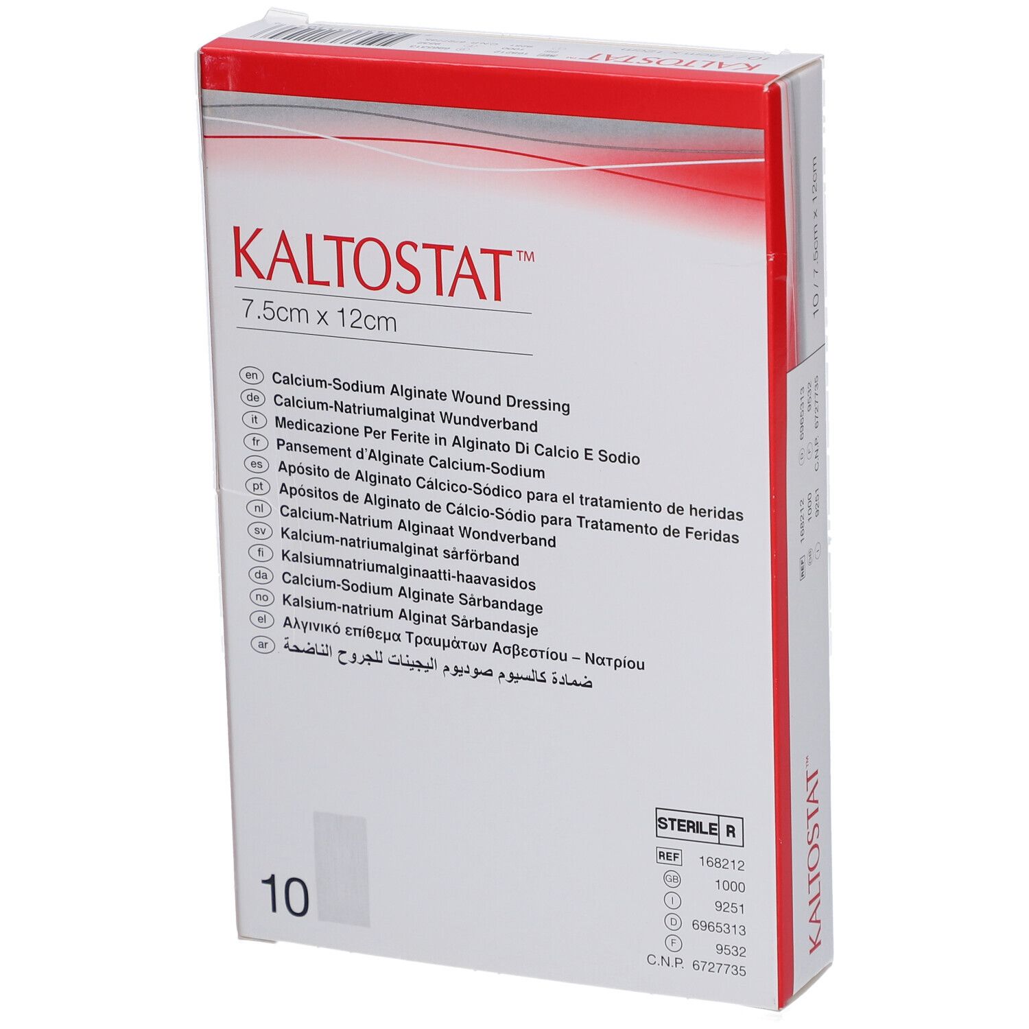 Verpackung mit Kaltostat Wundverband. Größe 7,5 cm x 12 cm. Enthält 10 Stück. Sterile R Kennzeichnung.