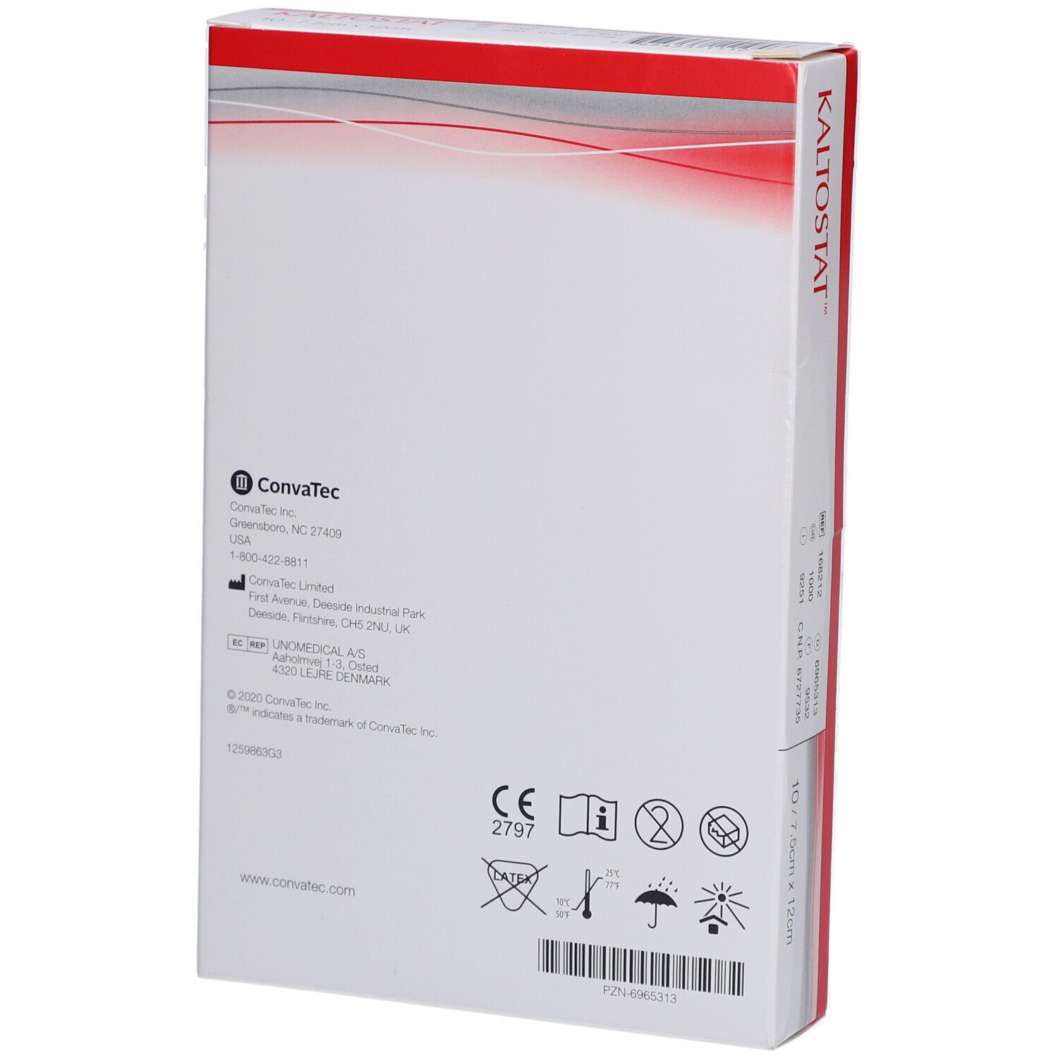 Rückseite der Kaltostat-Verpackung. Herstellerinformationen, CE-Kennzeichnung und Piktogramme.