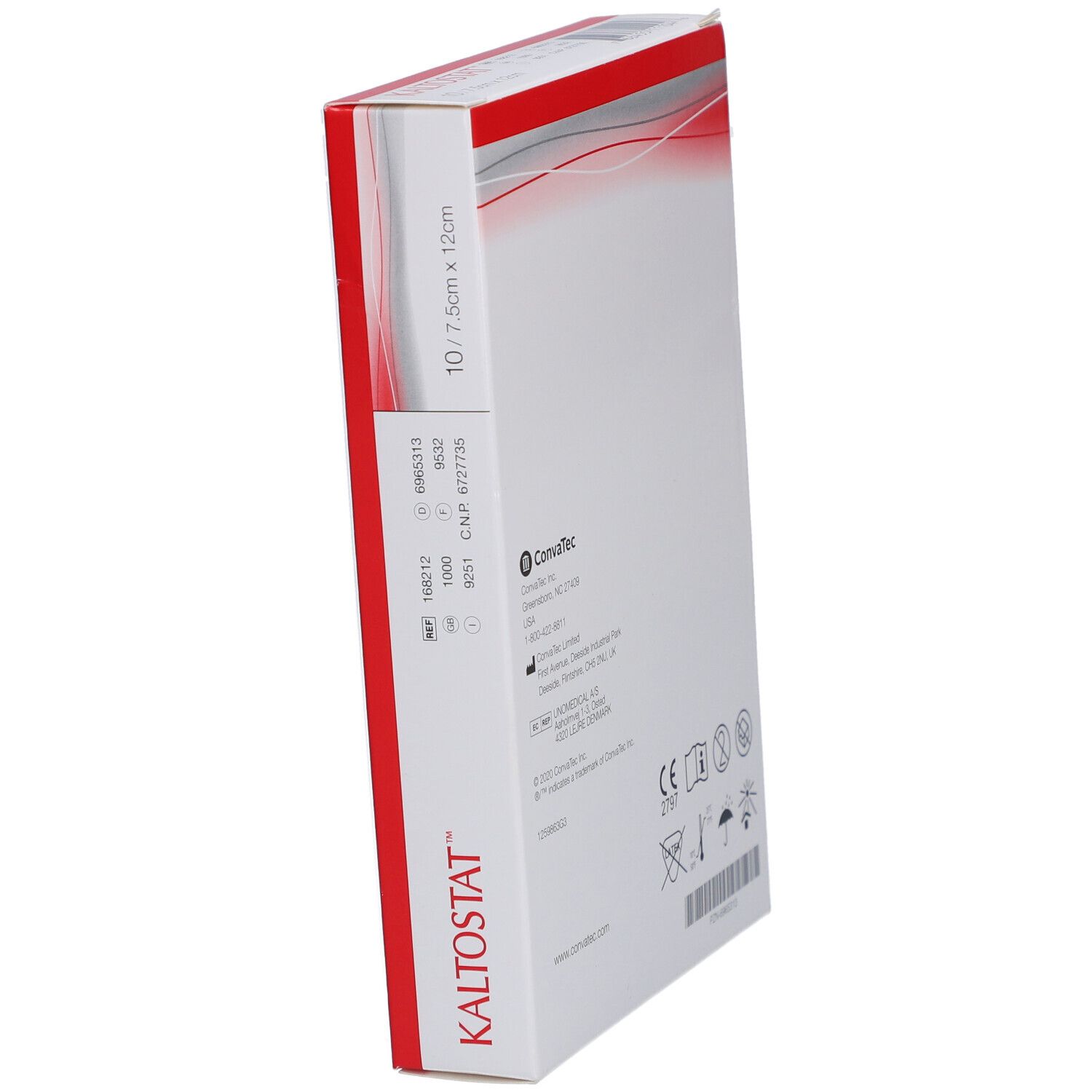 Kaltostat-Verpackung, Seitenansicht. Größe 7,5 cm x 12 cm. Enthält 10 Stück. Sterile R Kennzeichnung.
