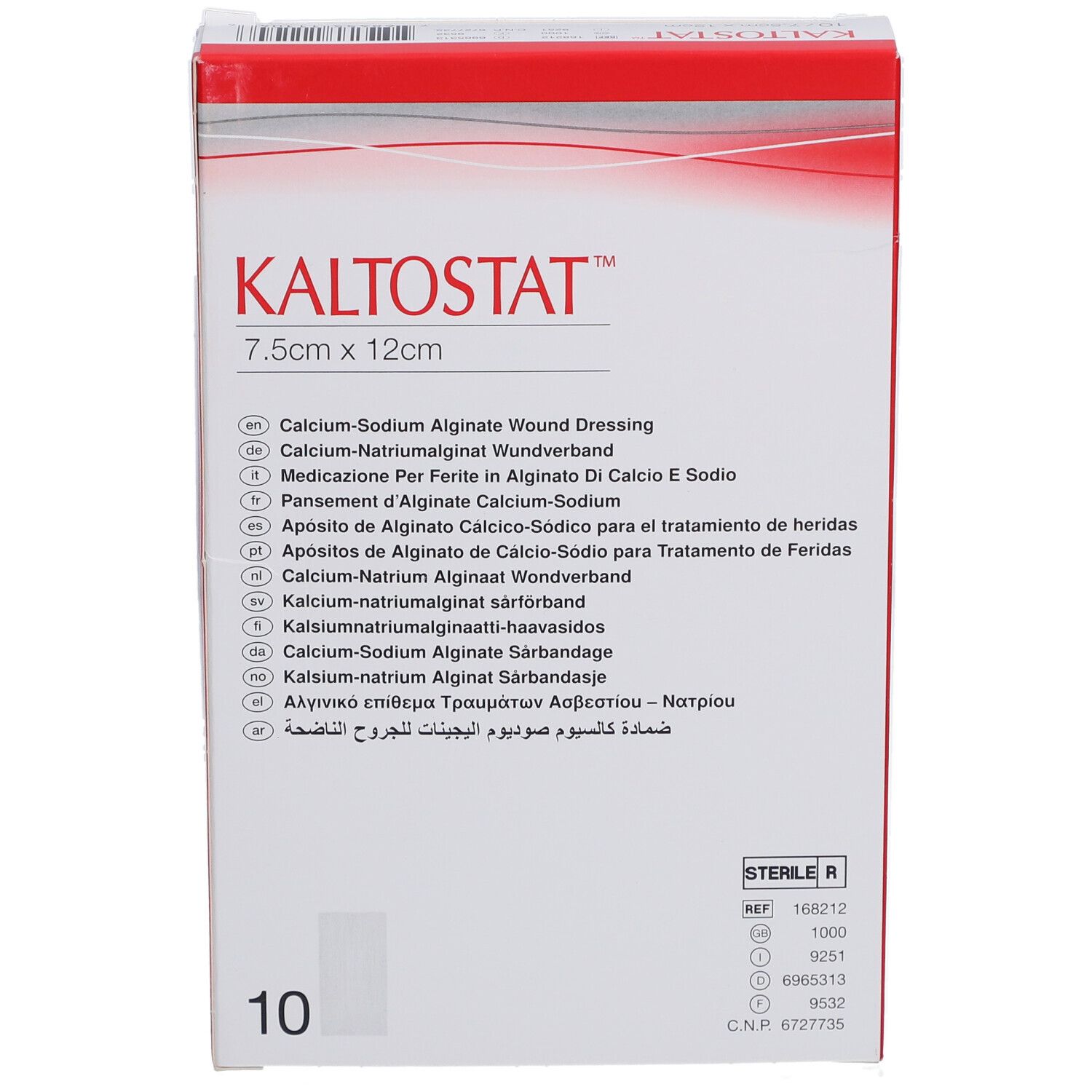 Kaltostat-Verpackung, Vorderansicht. Größe 7,5 cm x 12 cm. Enthält 10 Stück. Sterile R Kennzeichnung.