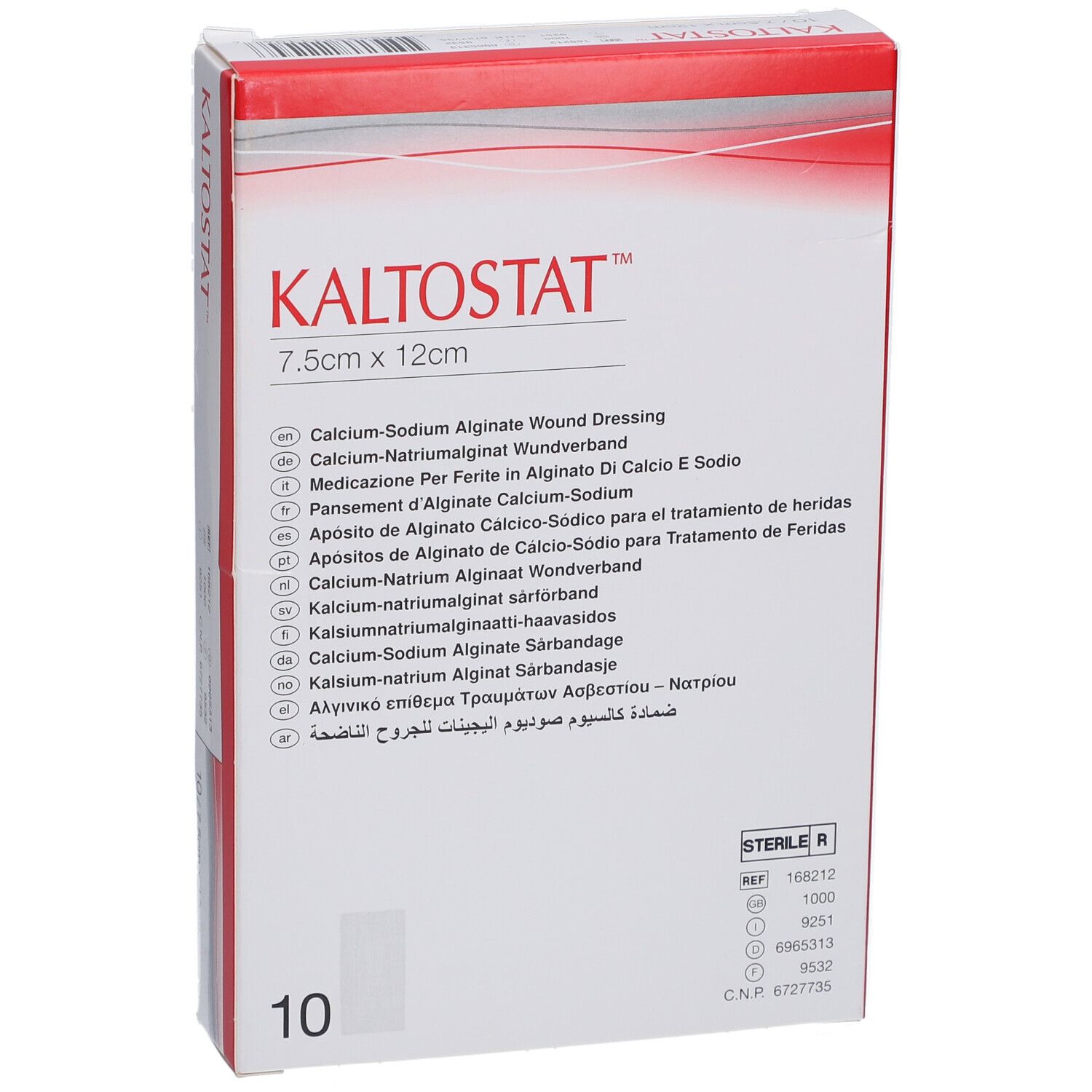 Kaltostat-Verpackung, Vorderansicht. Größe 7,5 cm x 12 cm. Enthält 10 Stück. Sterile R Kennzeichnung.