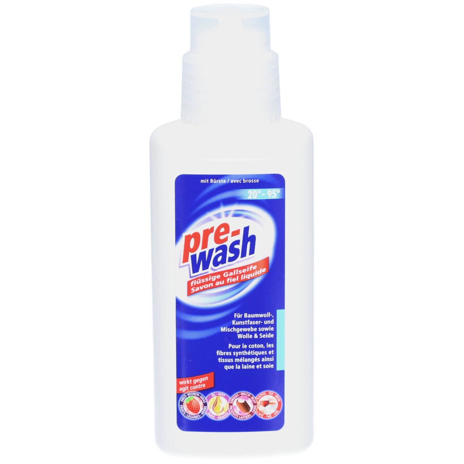 Flacon blanc avec étiquette bleue. Inscription: pre-wash. Savon à la fiel liquide. Avec pulvérisateur.