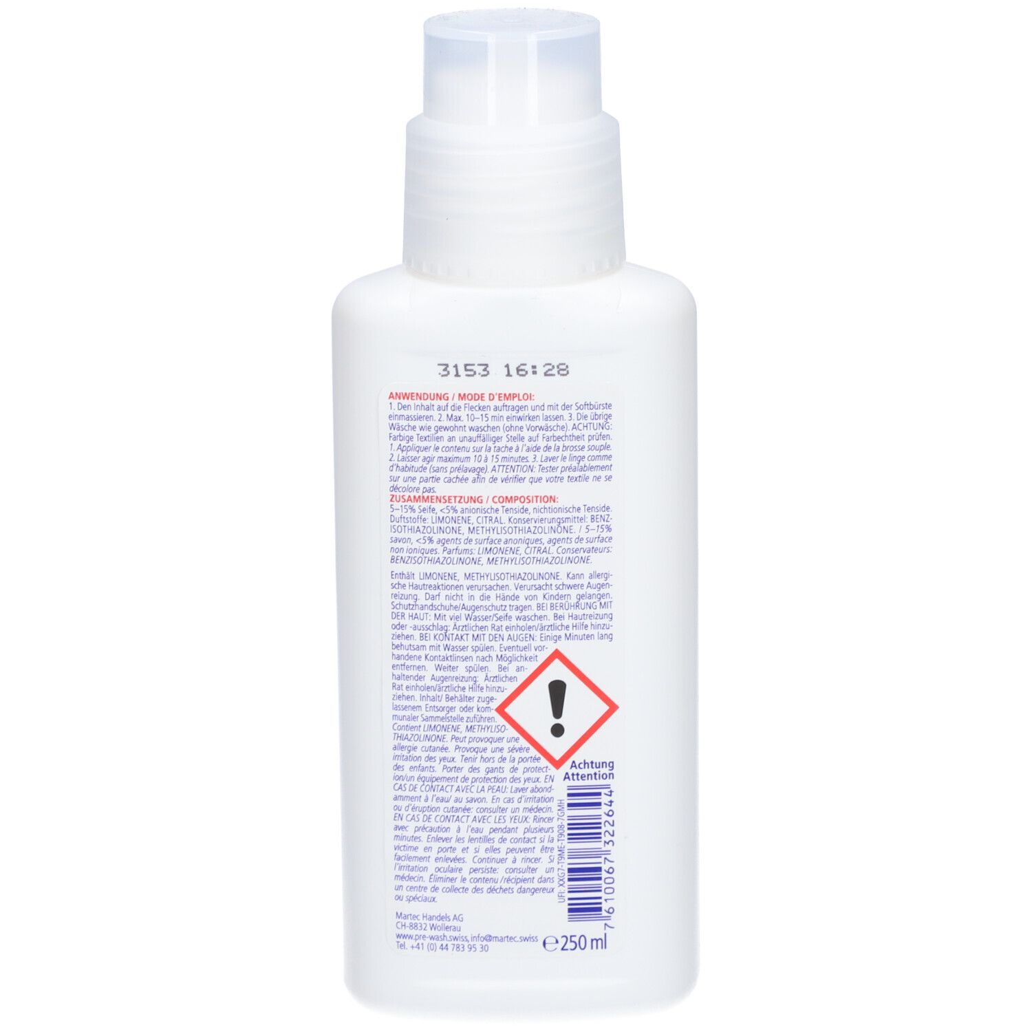 Dos du flacon blanc. Texte et avertissement sur fond bleu. Indication de volume: 250 ml.