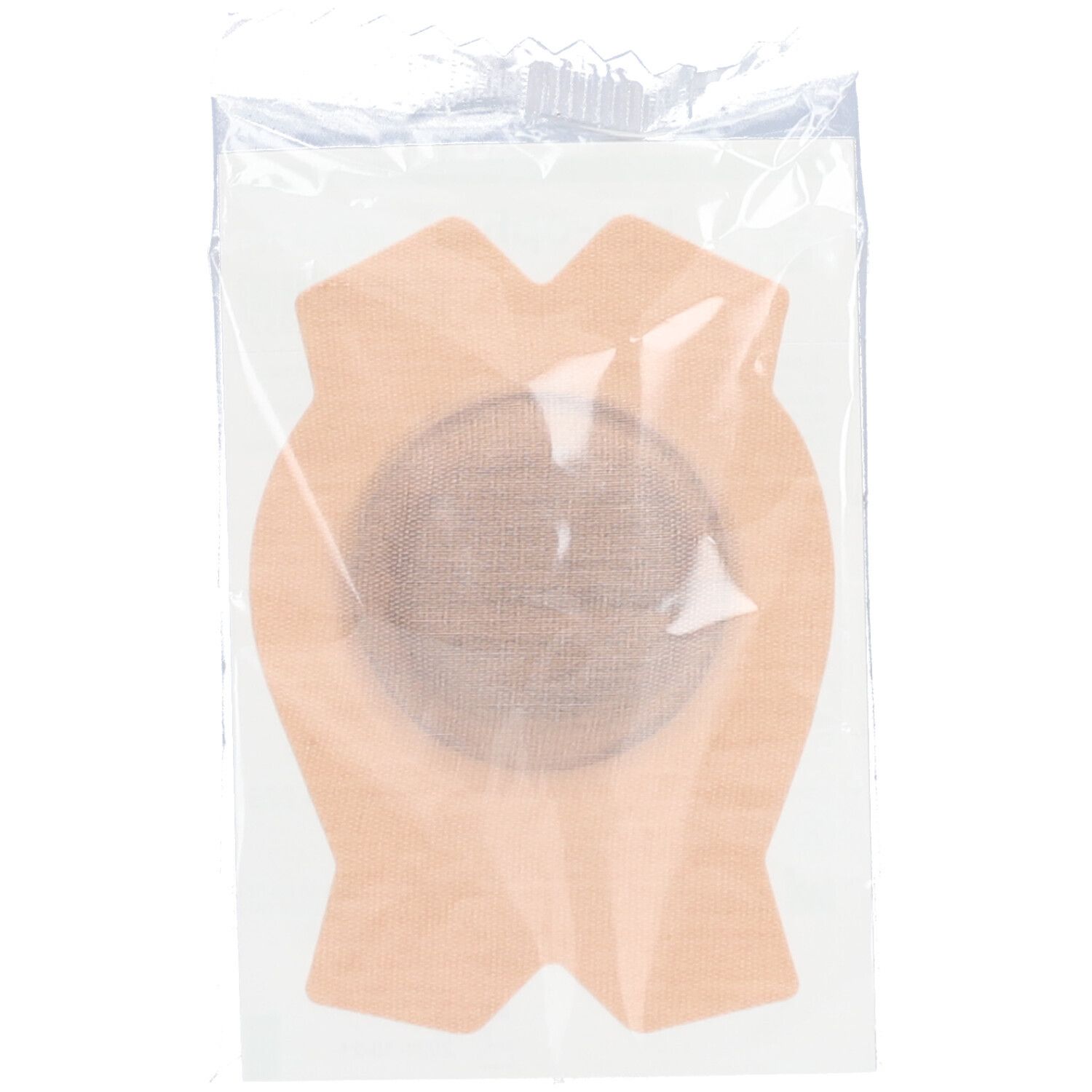 Augenpflaster in transparenter Verpackung. Pflaster mit braunem Mittelteil und beigefarbenem Rand. Verpackung verschlossen.