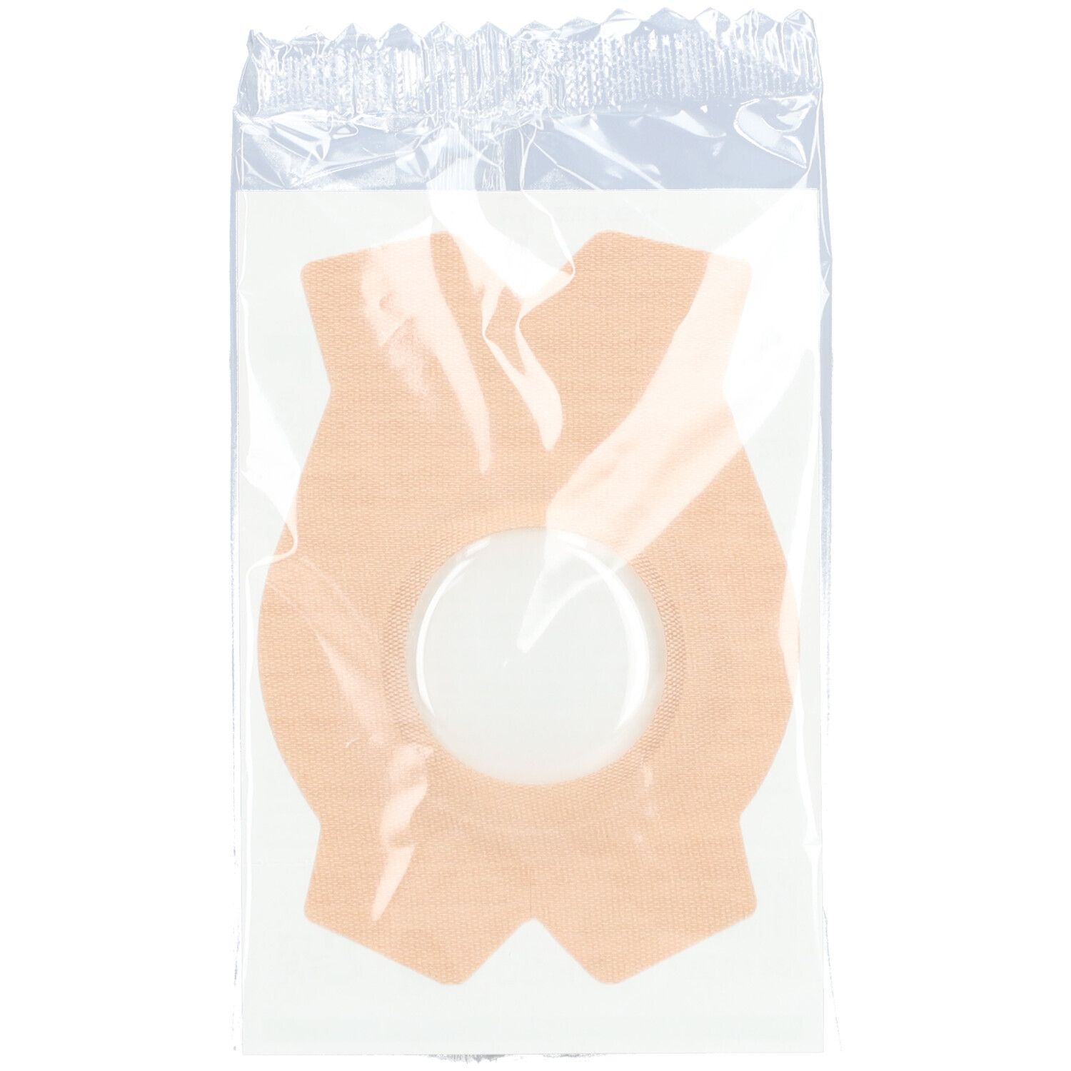 Augenverband in Folienverpackung. Beige, sternförmig mit zentralem, weißem Einsatz. Sichtbare Schutzfolie.