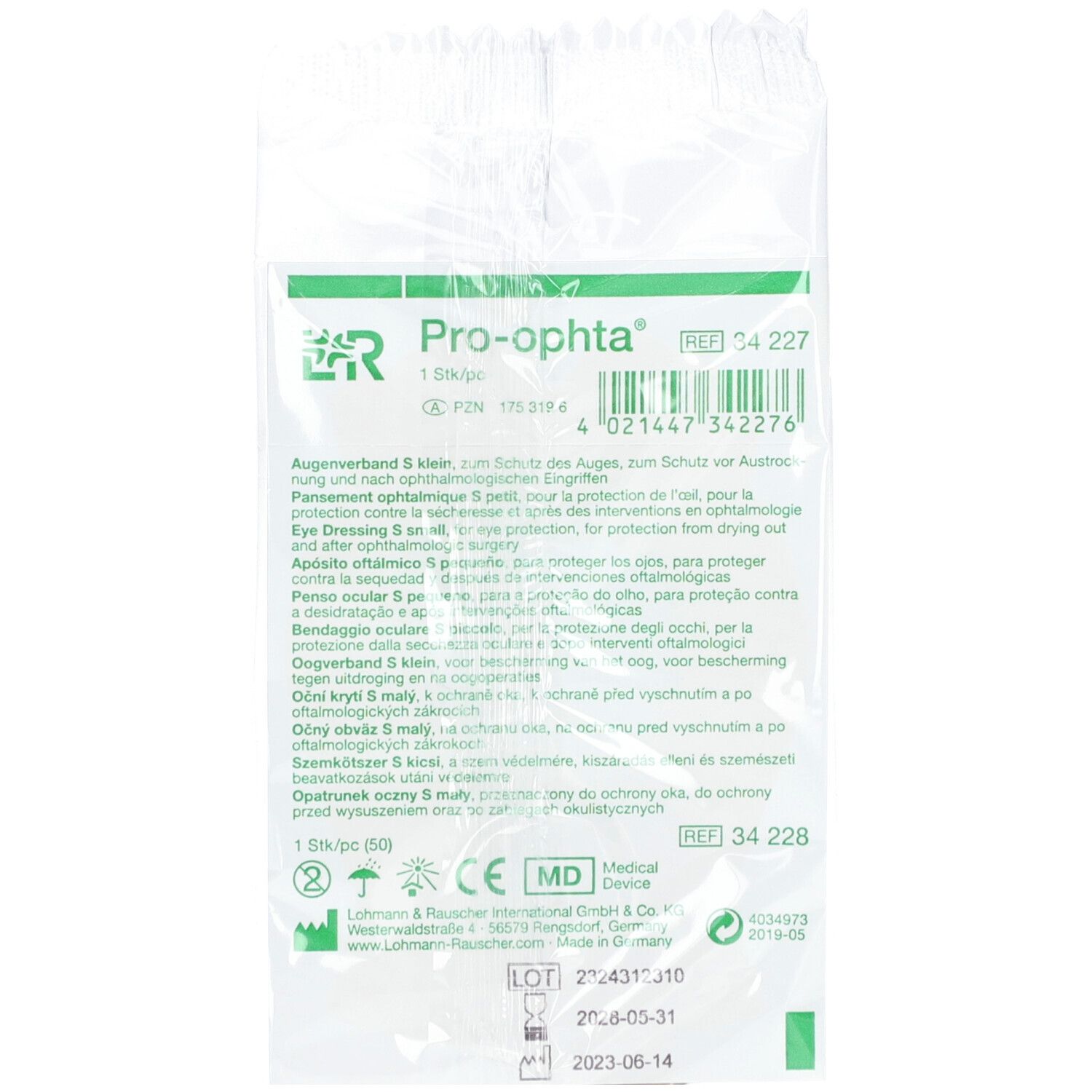 Verpackung mit Pro-ophta® Augenverband S klein. Text, Logo, Chargennummer, Haltbarkeitsdatum, Medizinprodukt-Kennzeichnung.
