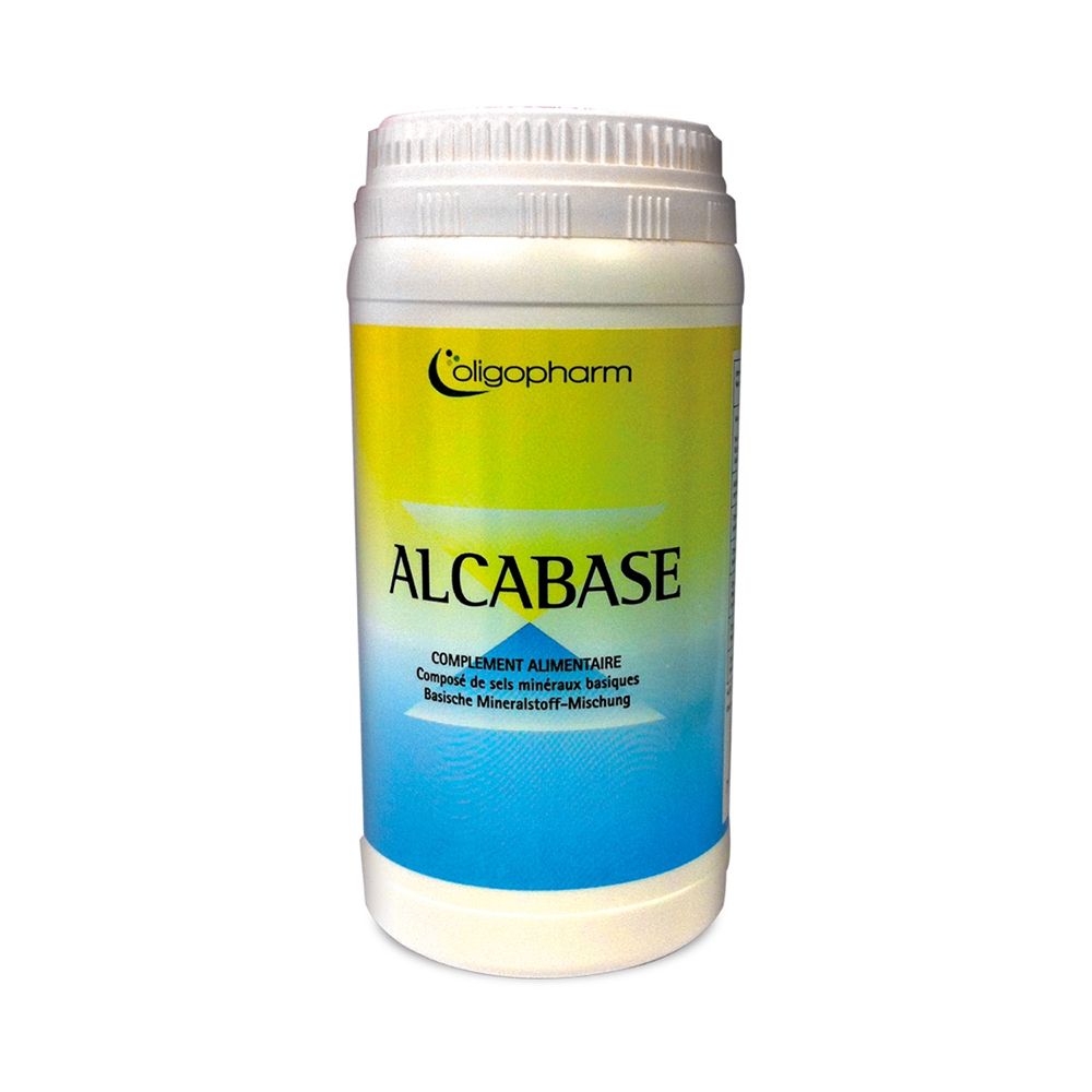 ALCABASE, pot avec couvercle blanc. Inscription: Oligopharm, ALCABASE, complément alimentaire. Fond: jaune et bleu.