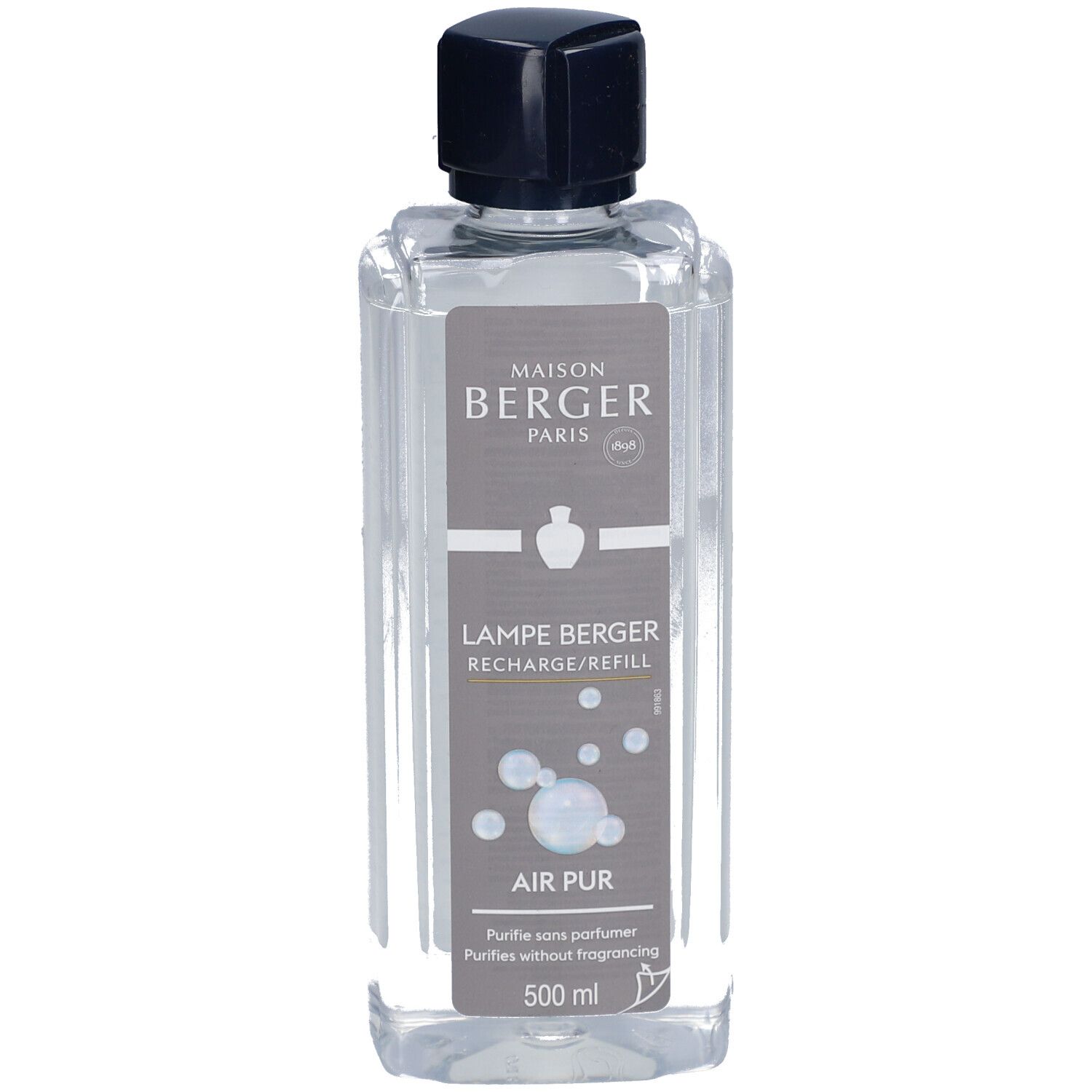Lampe Berger Nachfüllpackung. Transparente Flasche mit schwarzem Verschluss. Etikett mit Produktinformationen.