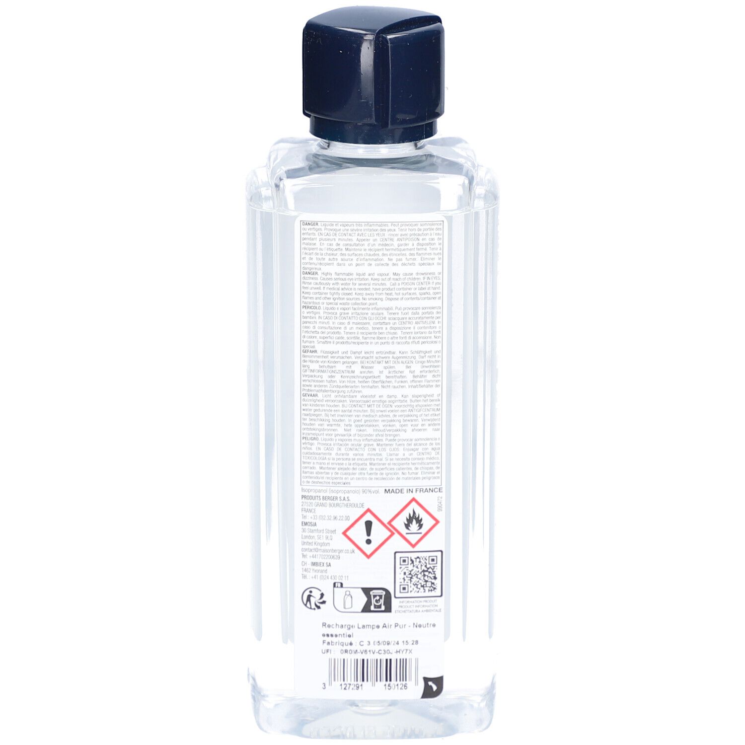 Rückseite der Lampe Berger Nachfüllpackung. Transparente Flasche mit schwarzem Verschluss. Etikett mit Text und Symbolen.