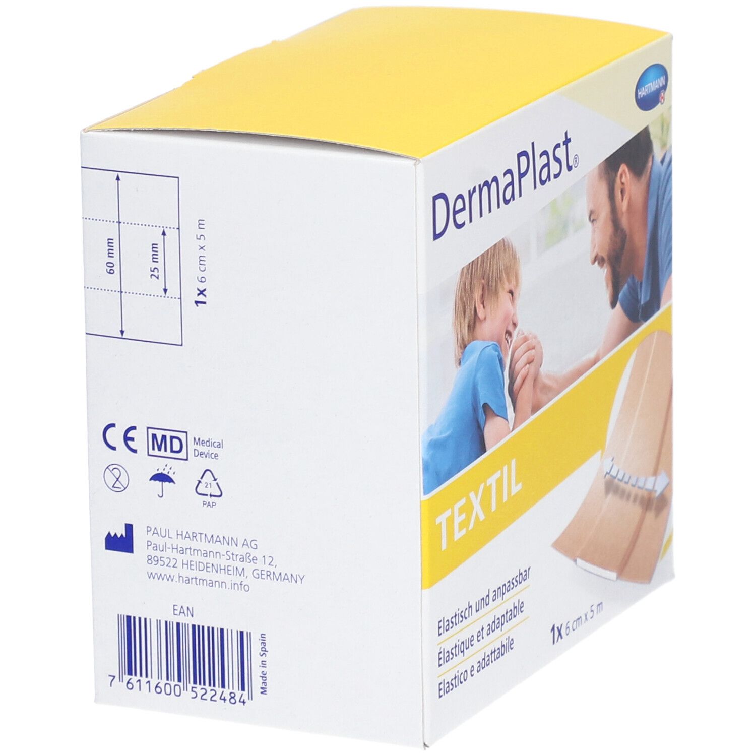 Rückseite der Dermaplast® Textil Pflaster Verpackung. Enthält Informationen, Maße und EAN-Code. Hergestellt in Spanien.