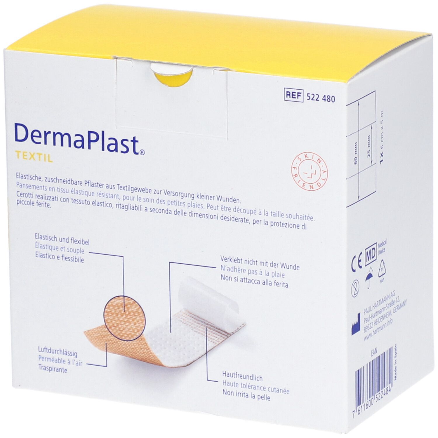 Dermaplast® Textil Pflaster Verpackung. Pflasterstreifen mit Produktinformationen. Medizinprodukt mit CE-Kennzeichnung.