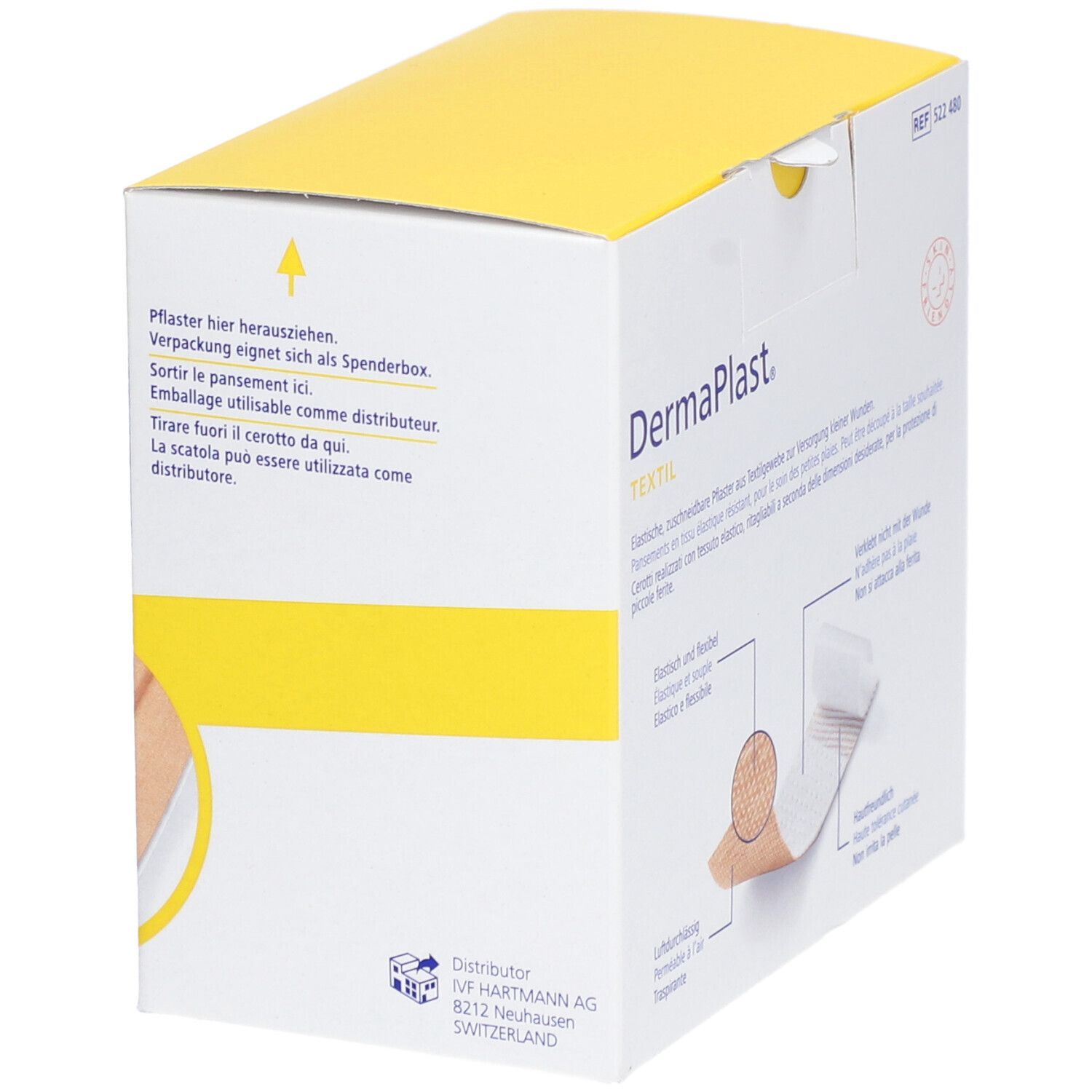 Dermaplast® Textil Pflaster Verpackung. Box mit Anweisungen zum Entnehmen. Medizinprodukt mit CE-Kennzeichnung.