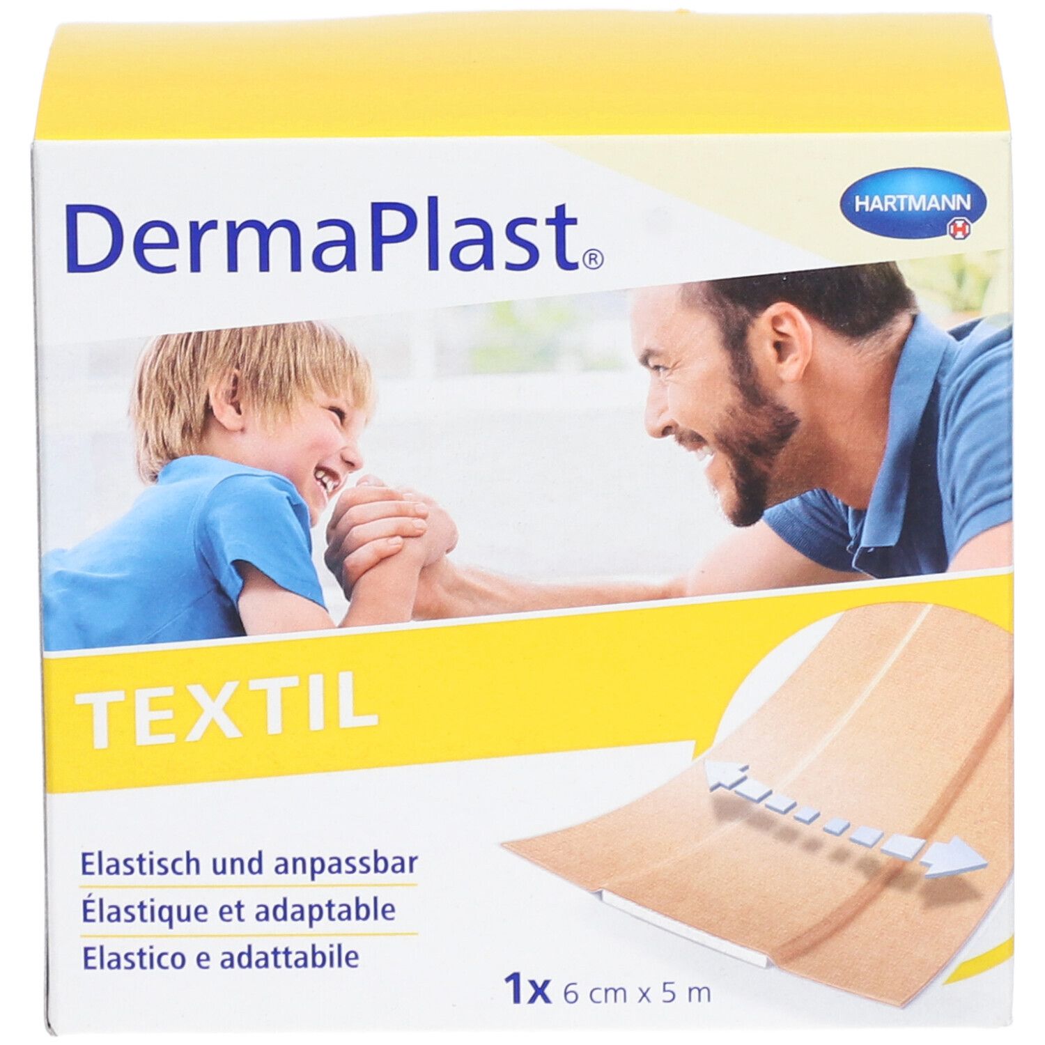 Dermaplast® Textil Pflaster Verpackung. Gelbe Box mit Produktabbildung und Schriftzug. Größe: 6 cm x 5 m.