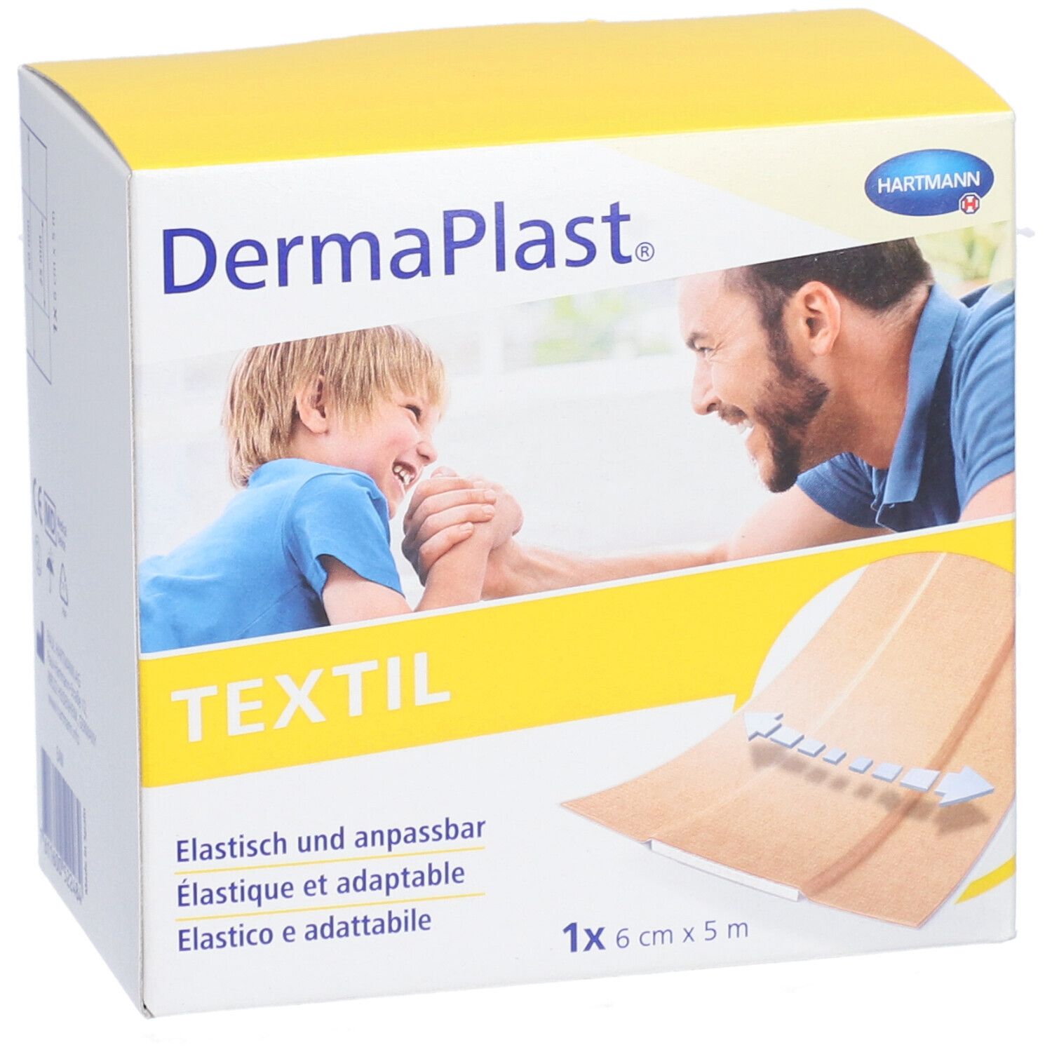 Dermaplast® Textil Pflaster Verpackung. Gelbe Box mit Produktabbildung und Schriftzug. Größe: 6 cm x 5 m.