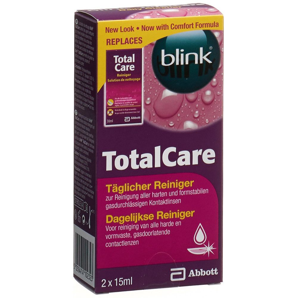 Emballage blink TotalCare. Contient 2 flacons de 15ml. Inscription: Nettoyant quotidien pour lentilles.