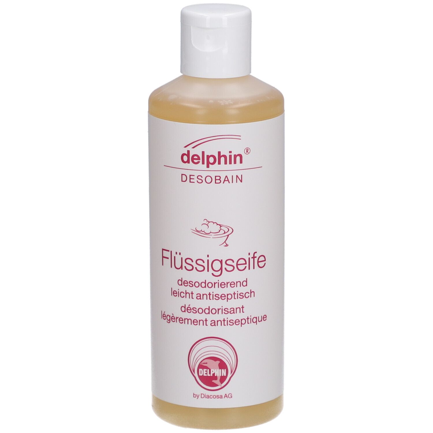 Savon liquide, étiquette blanche avec texte rouge. "delphin DESOBAN Flüssigseife".