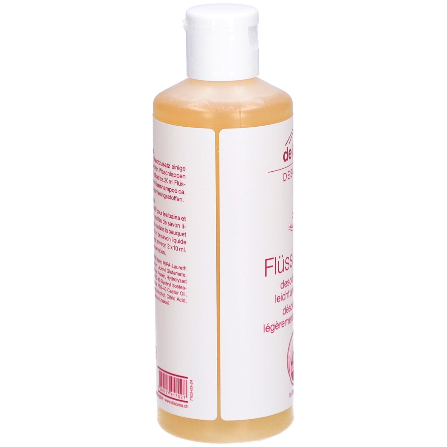 Bouteille de savon liquide, vue latérale. Étiquette avec texte en allemand et français.