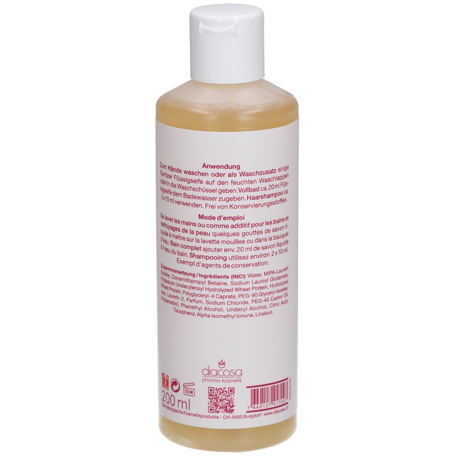 Dos de la bouteille de savon liquide. Texte en allemand et français. Ingrédients et mode d'emploi.