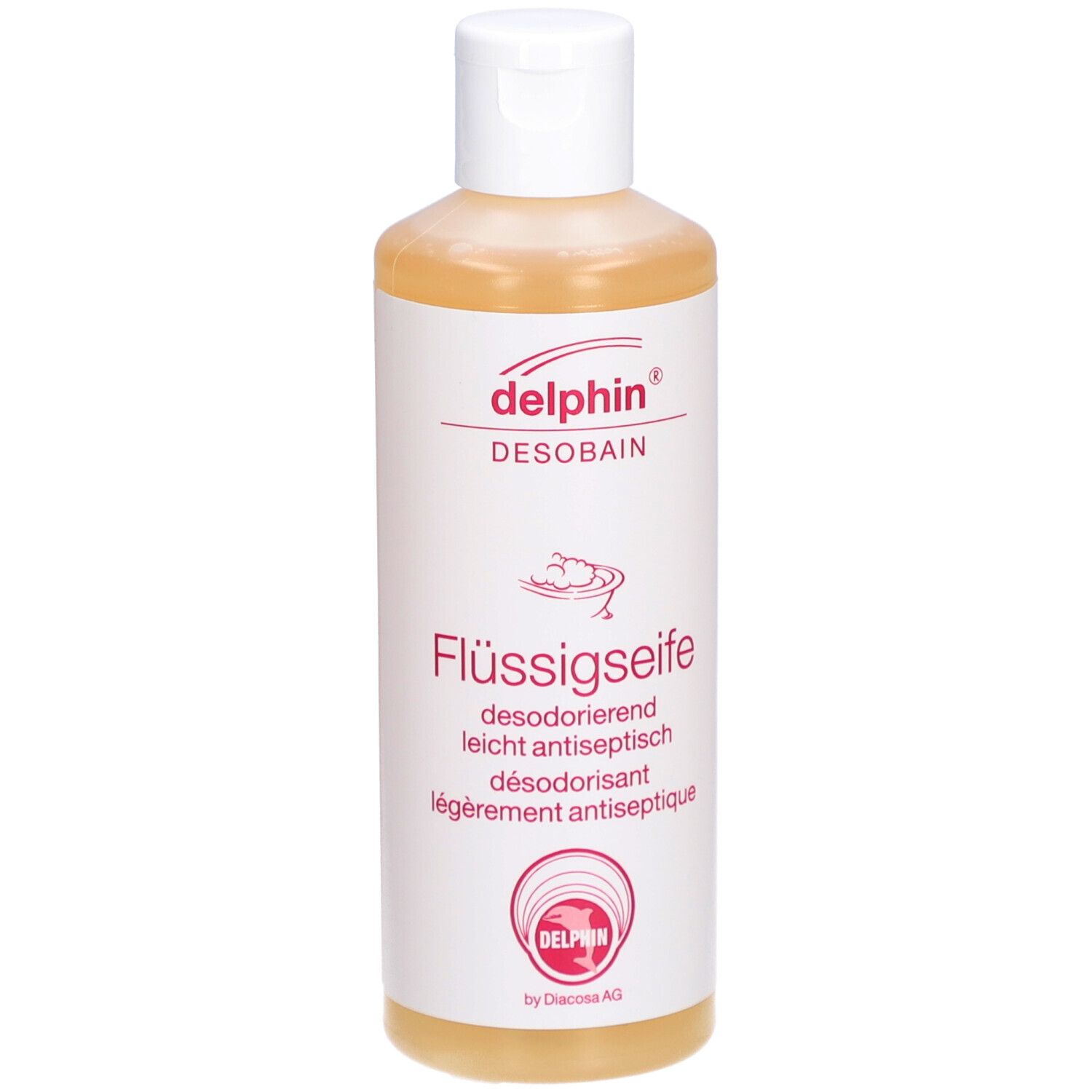 Savon liquide, étiquette blanche avec texte rouge. "delphin DESOBAN Flüssigseife".