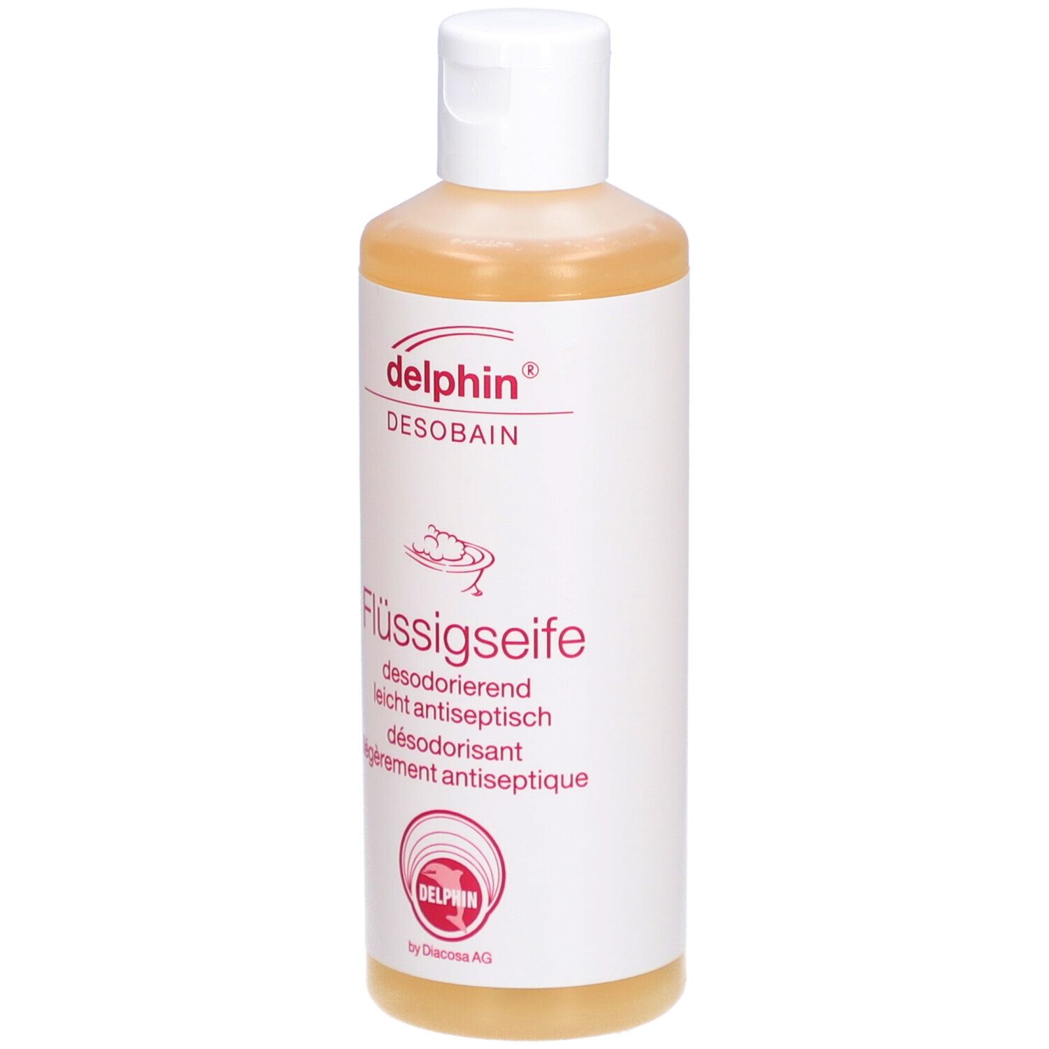 Savon liquide, étiquette blanche avec texte rouge. "delphin DESOBAN Flüssigseife".