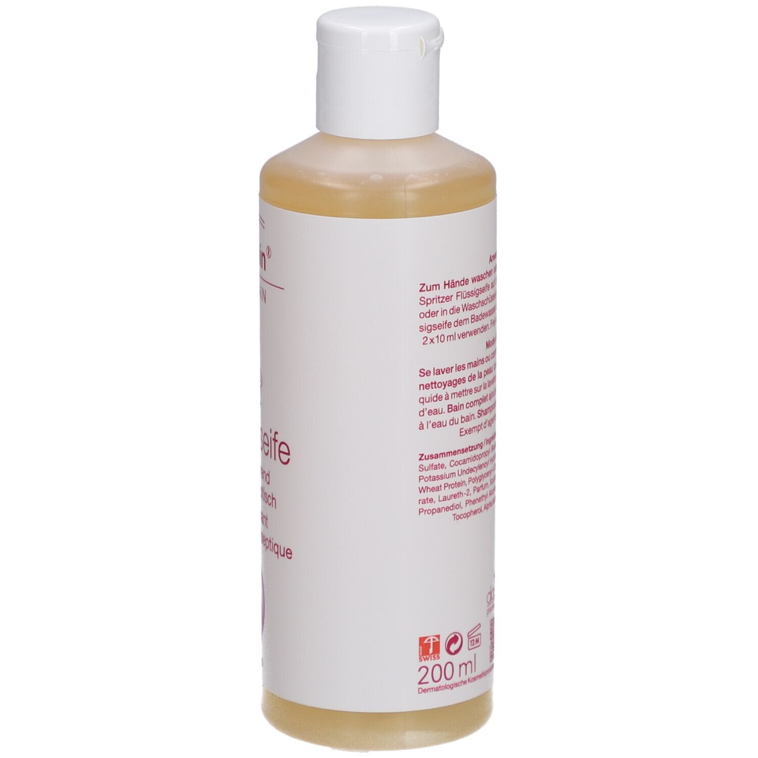 Dos de la bouteille de savon liquide. Texte en allemand et français. Ingrédients et mode d'emploi.
