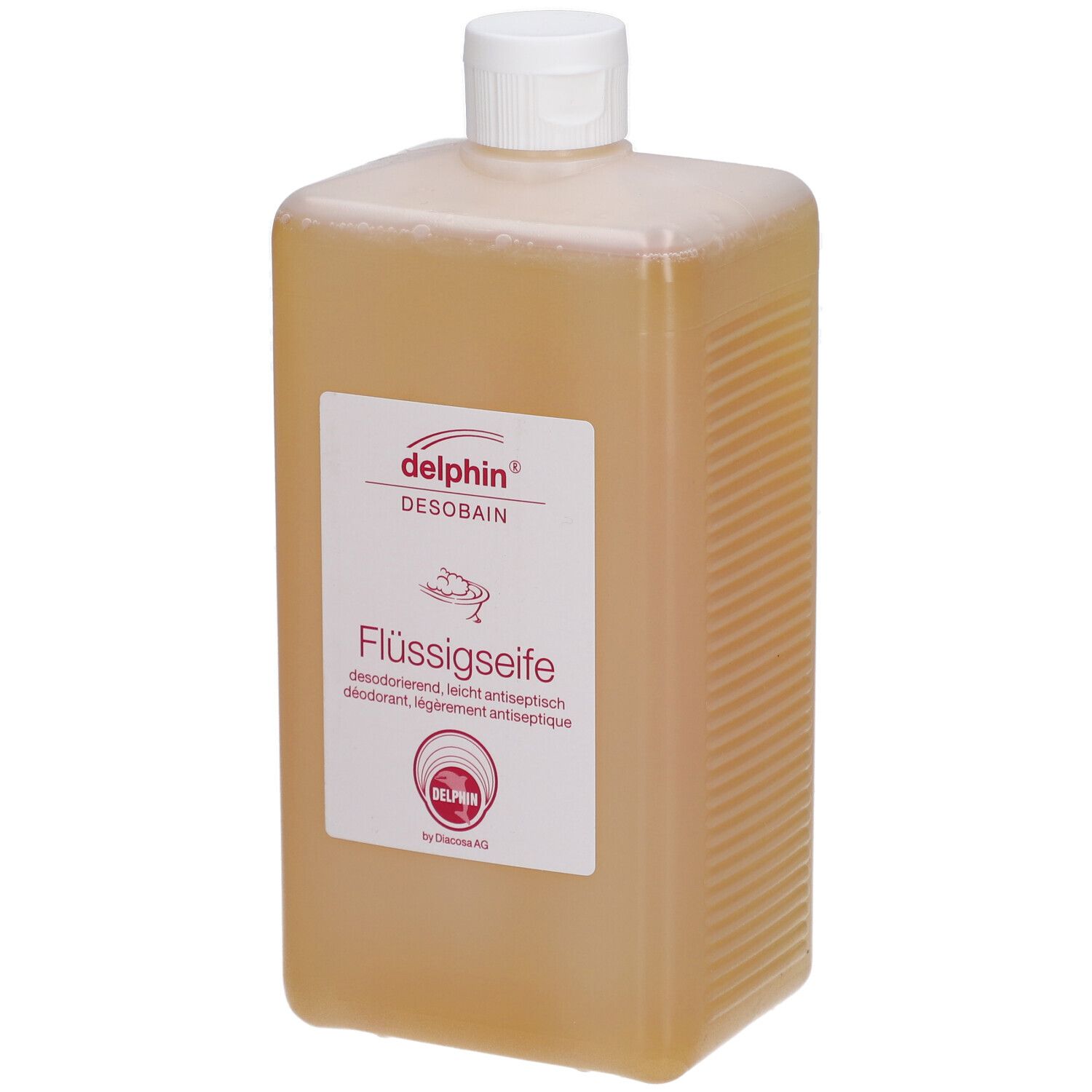 Rechteckige Flasche mit Flüssigseife. Etikett mit "delphin DESOBAN Flüssigseife". Weißer Schraubverschluss.