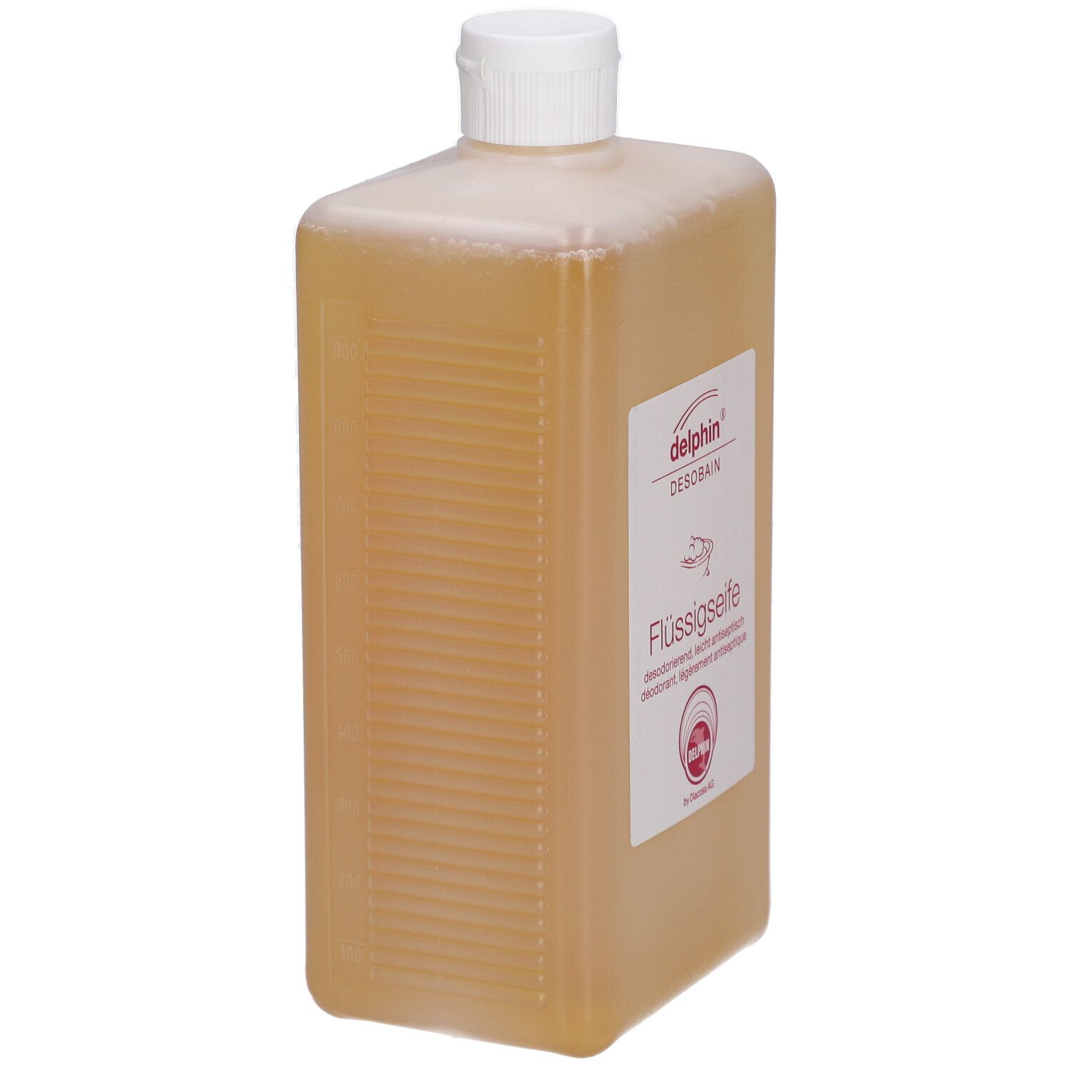 Rechteckige Flasche mit Flüssigseife. Etikett mit "delphin DESOBAN Flüssigseife". Weißer Schraubverschluss.