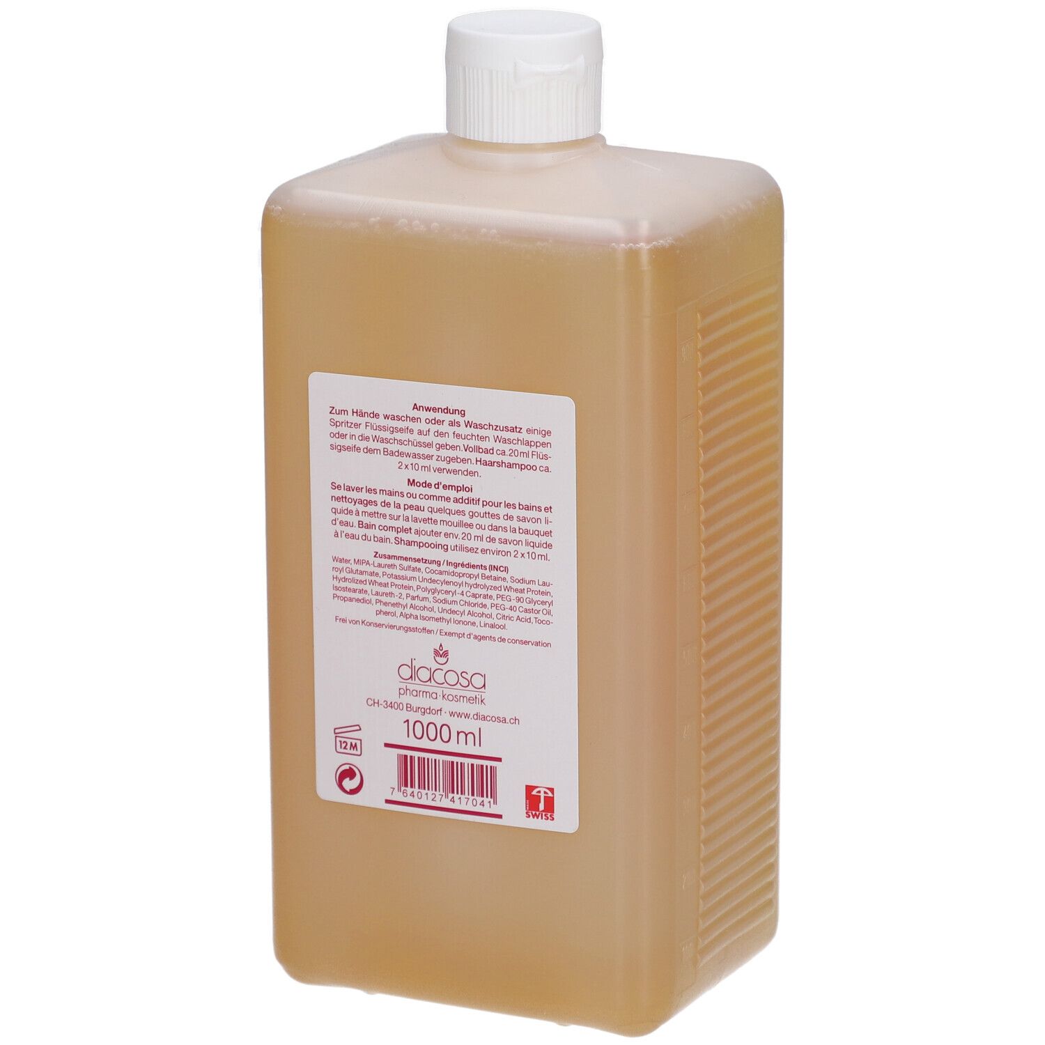Rückansicht einer rechteckigen Flasche mit Flüssigseife. Etikett mit Anweisungen und Inhaltsstoffen. 1000 ml.