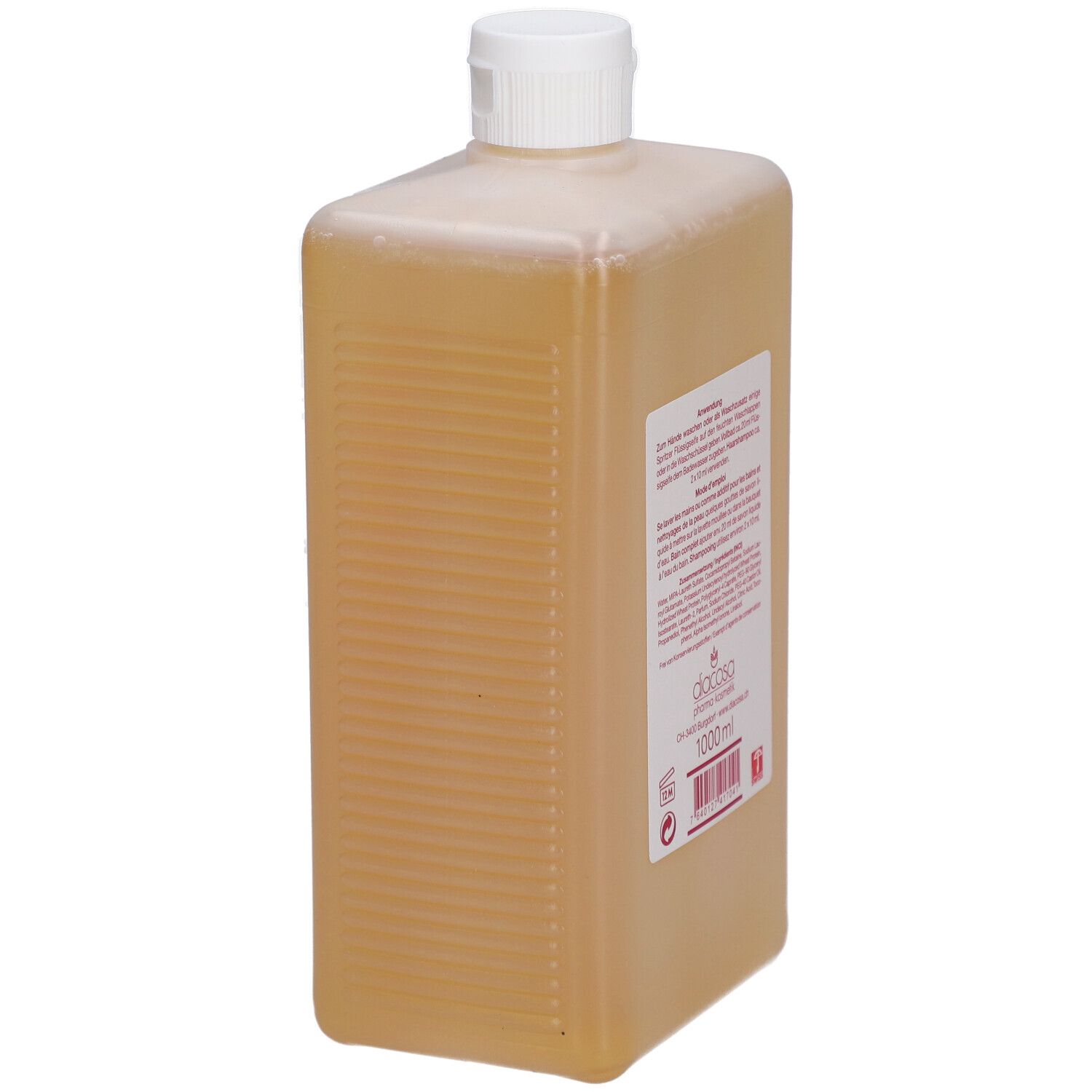 Rückansicht einer rechteckigen Flasche mit Flüssigseife. Etikett mit Anweisungen und Inhaltsstoffen. 1000 ml.