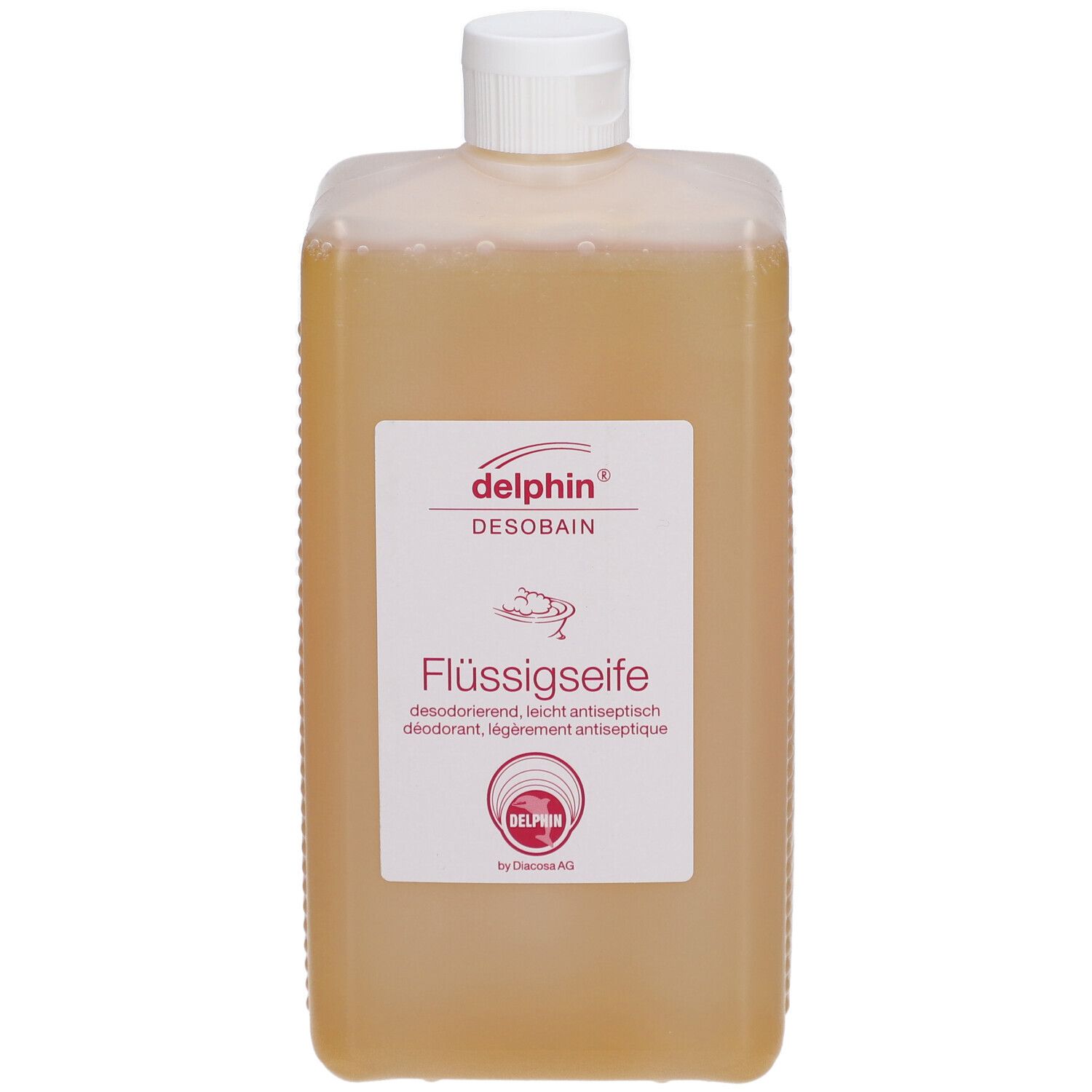 Rechteckige Flasche mit Flüssigseife. Etikett mit "delphin DESOBAN Flüssigseife". Weißer Schraubverschluss.