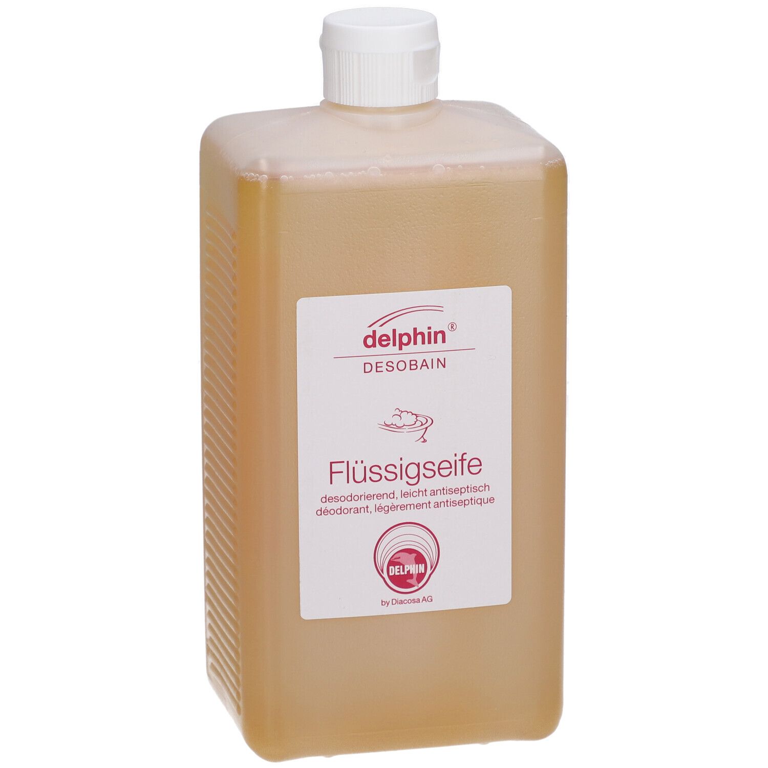 Rechteckige Flasche mit Flüssigseife. Etikett mit "delphin DESOBAN Flüssigseife". Weißer Schraubverschluss.