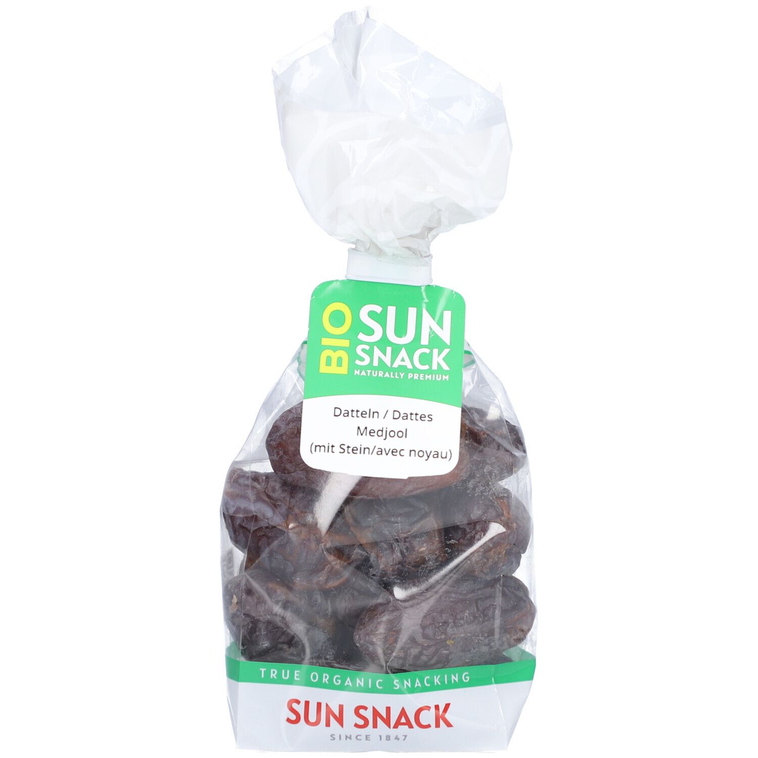 Sachet transparent de dattes. Étiquette verte et blanche avec "BIO SUN SNACK" et nom du produit. "TRUE ORGANIC SNACKING" en dessous.