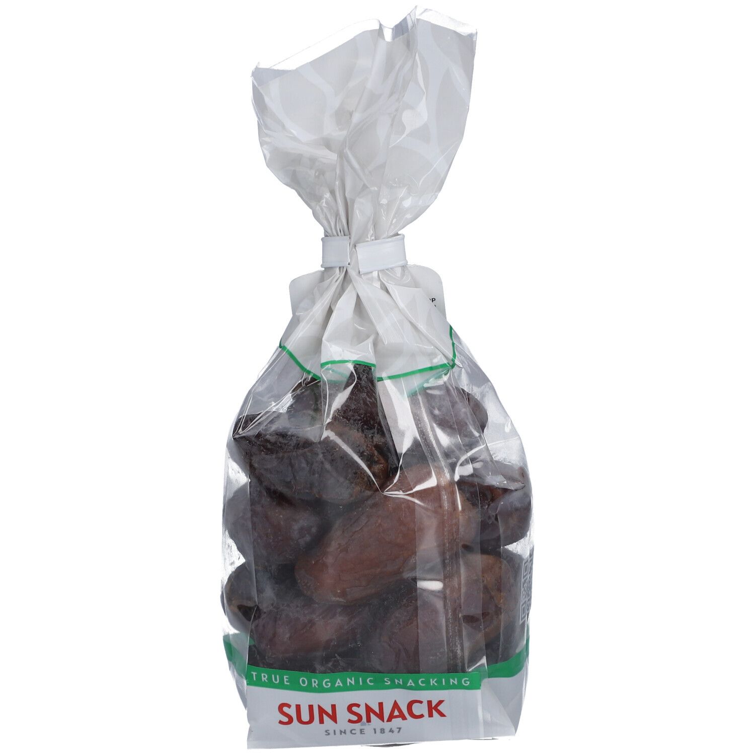 Sachet transparent de dattes. Étiquette verte et blanche avec "SUN SNACK" et nom du produit. "TRUE ORGANIC SNACKING" en dessous.