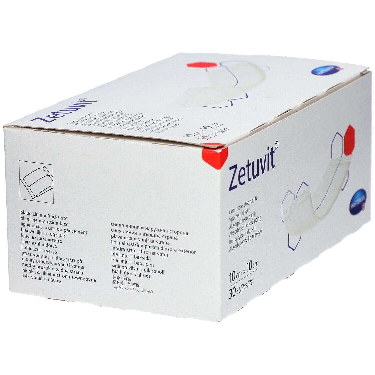 Karton mit Zetuvit-Logo. Enthält 30 Kompressen, 10 x 10 cm. Mehrsprachige Produktinformationen.