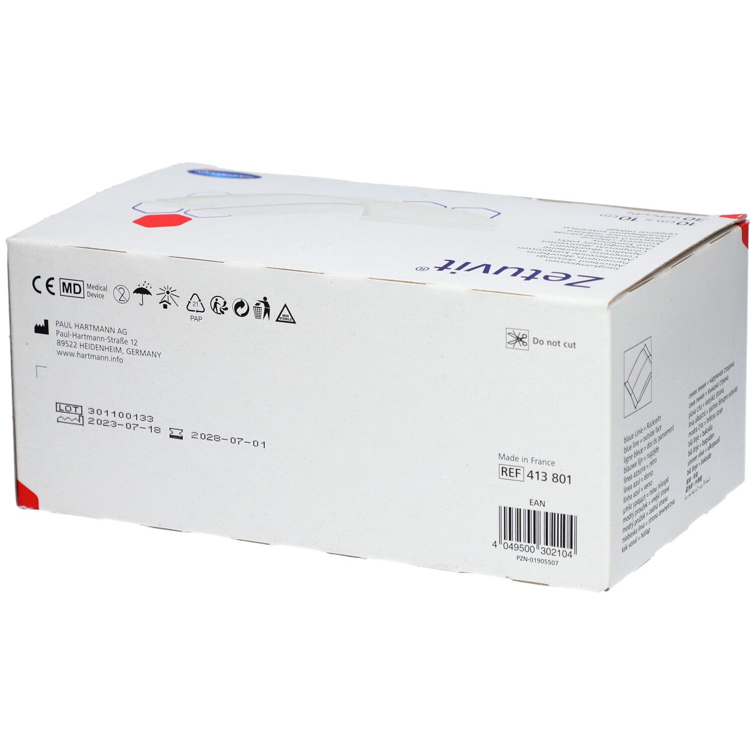 Rückseite der Zetuvit-Verpackung. Enthält Informationen, CE-Kennzeichnung, Chargennummer und Haltbarkeitsdatum.