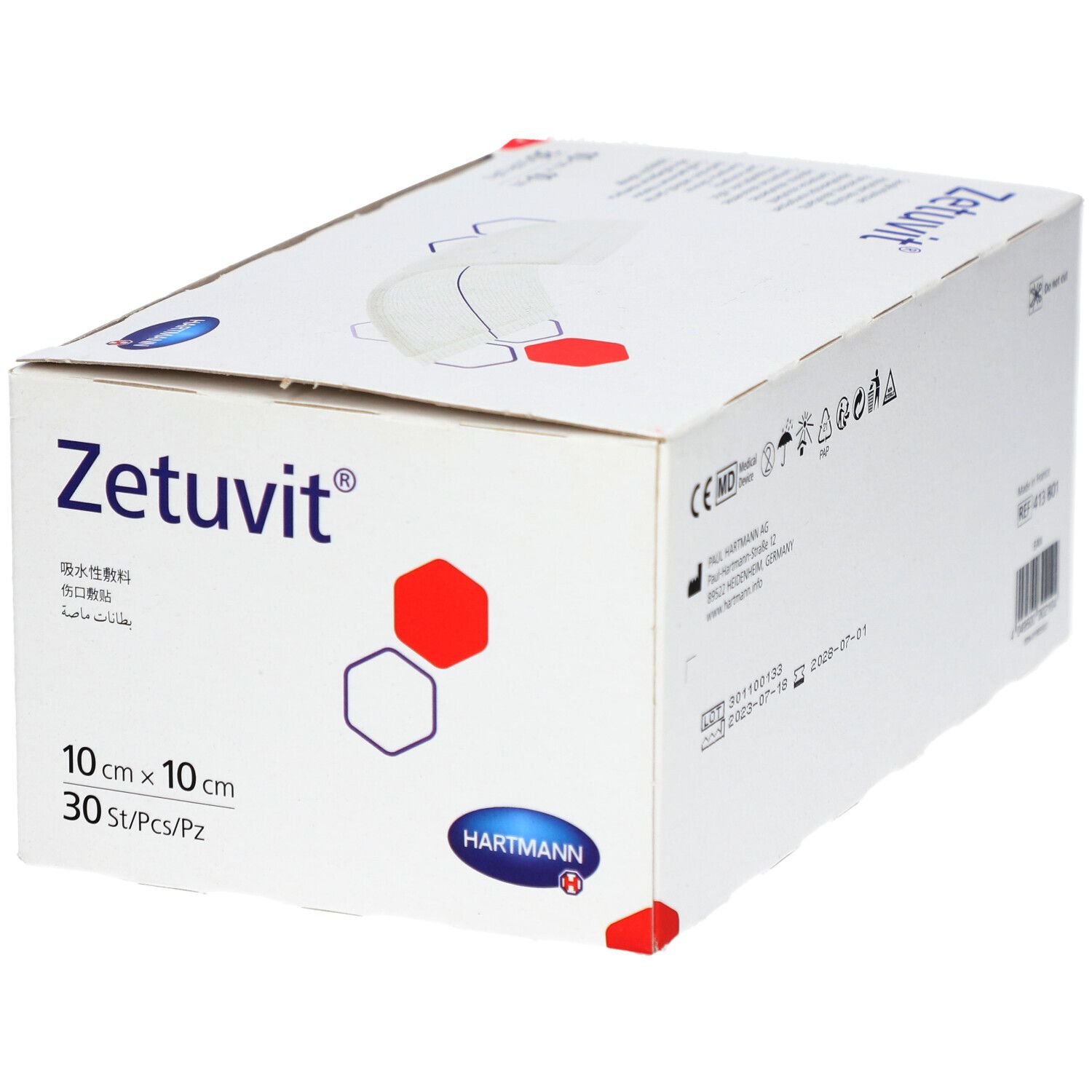 Kartonverpackung mit Zetuvit-Logo. Enthält 30 Kompressen, 10 x 10 cm. Mehrsprachige Produktinformationen.