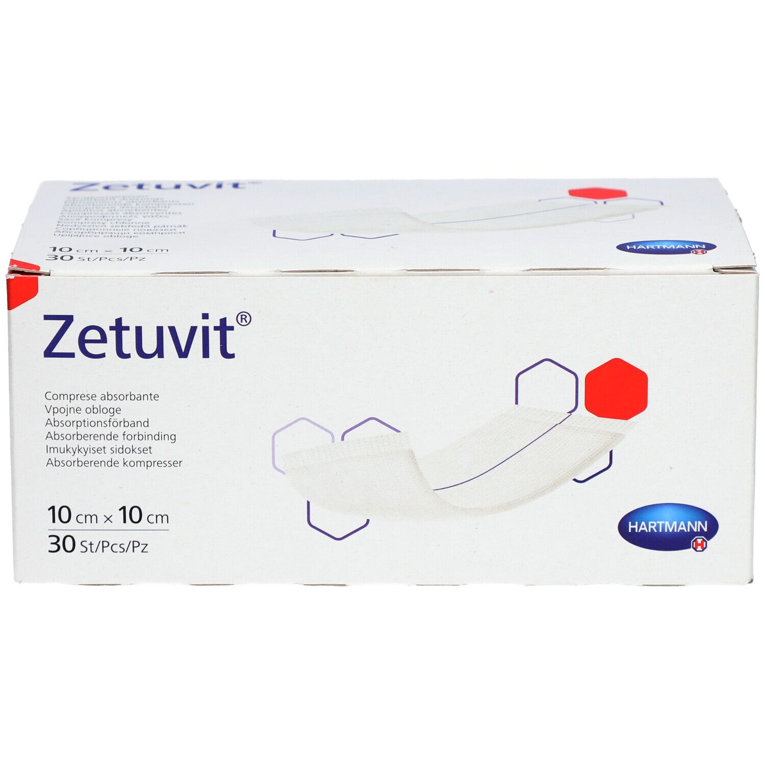 Weiße Kartonverpackung mit Zetuvit-Logo. Enthält 30 Kompressen, 10 x 10 cm. Hartmann-Logo.
