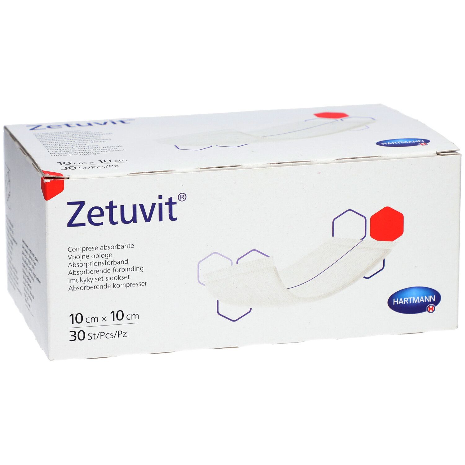 Weiße Kartonverpackung mit Zetuvit-Logo. Enthält 30 Kompressen, 10 x 10 cm. Hartmann-Logo.
