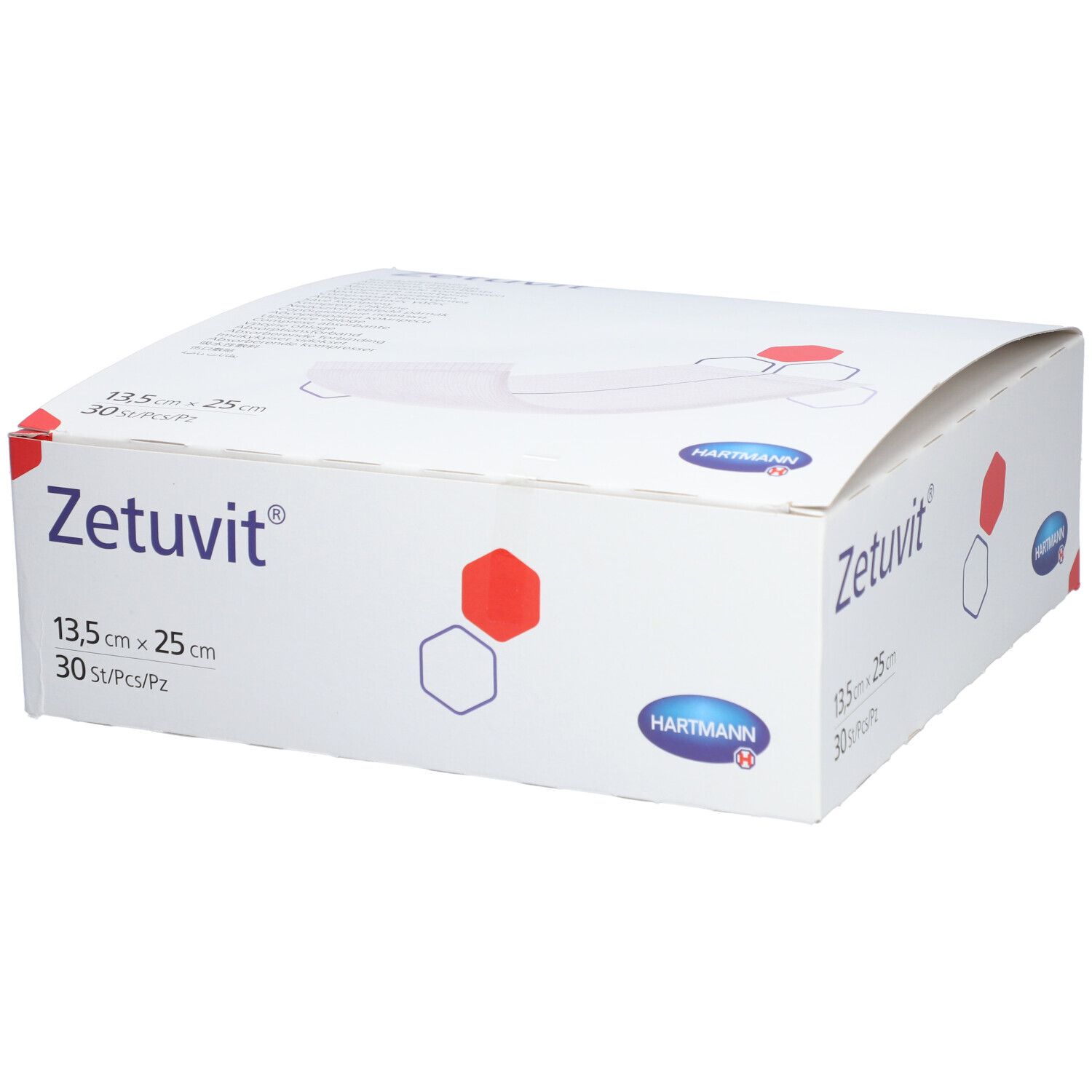 Boîte Zetuvit®, 13,5 x 25 cm, 30 pièces. Marque HARTMANN. Boîte blanche avec nom et dimensions du produit.