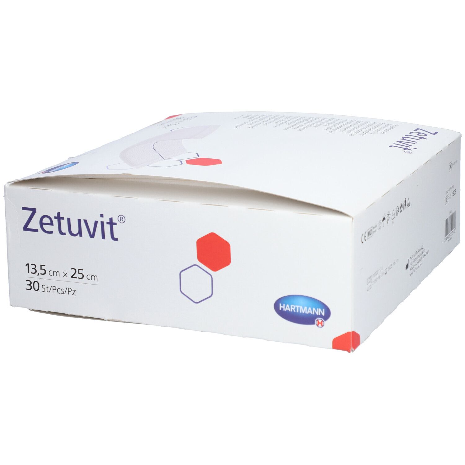 Boîte Zetuvit®, 13,5 x 25 cm, 30 pièces. Marque HARTMANN. Boîte blanche avec nom et dimensions du produit.