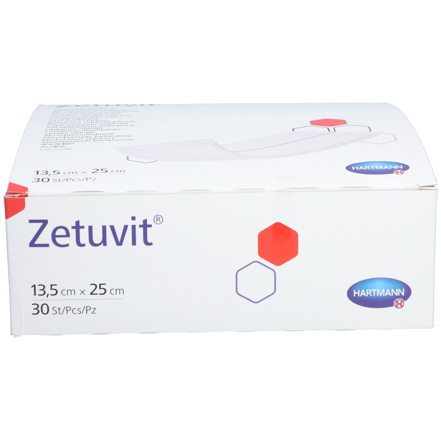 Boîte Zetuvit®, 13,5 x 25 cm, 30 pièces. Marque HARTMANN. Boîte blanche avec nom et dimensions du produit.