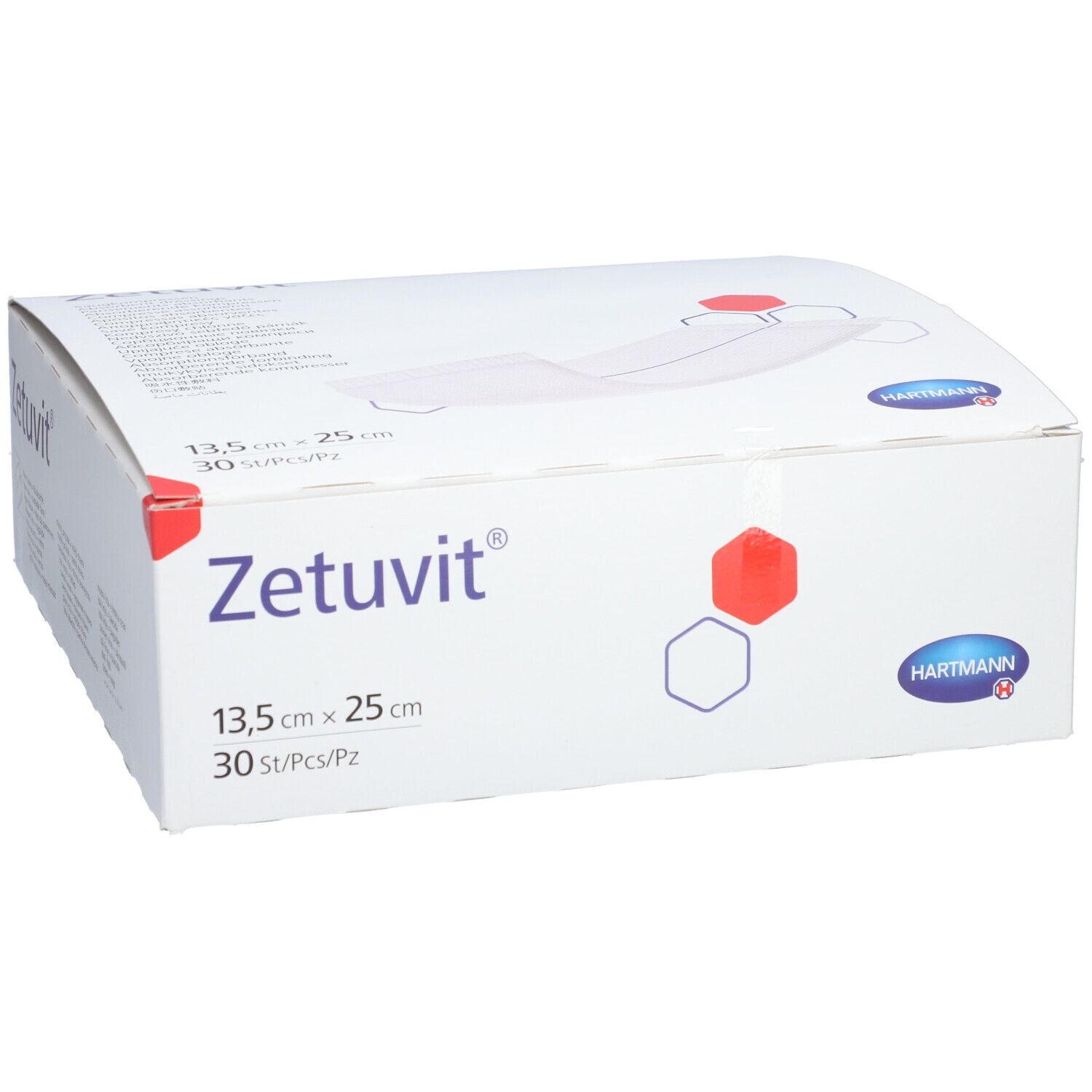 Boîte Zetuvit®, 13,5 x 25 cm, 30 pièces. Marque HARTMANN. Boîte blanche avec nom et dimensions du produit.